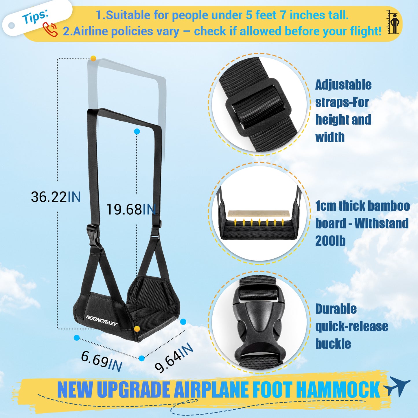 NOONCRAZY Airplane Foot Hammock, No Collapse Foot Rest for Plane Travel with Extended Adjustment Strap, Portable Desk Foot Hammock with Thickened Foam, Foot Sling Travel Essentials to Relax Your Feet