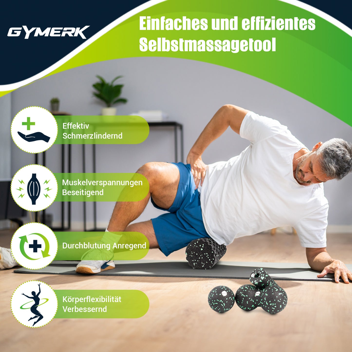GYMERK Faszienrolle Set mit 3D-Texturmassage, Enthält Anweisungen und Poster in Deutscher Sprache Tragetasche, Faszien Set mit Faszienball Faszienrolle Klein Duoball