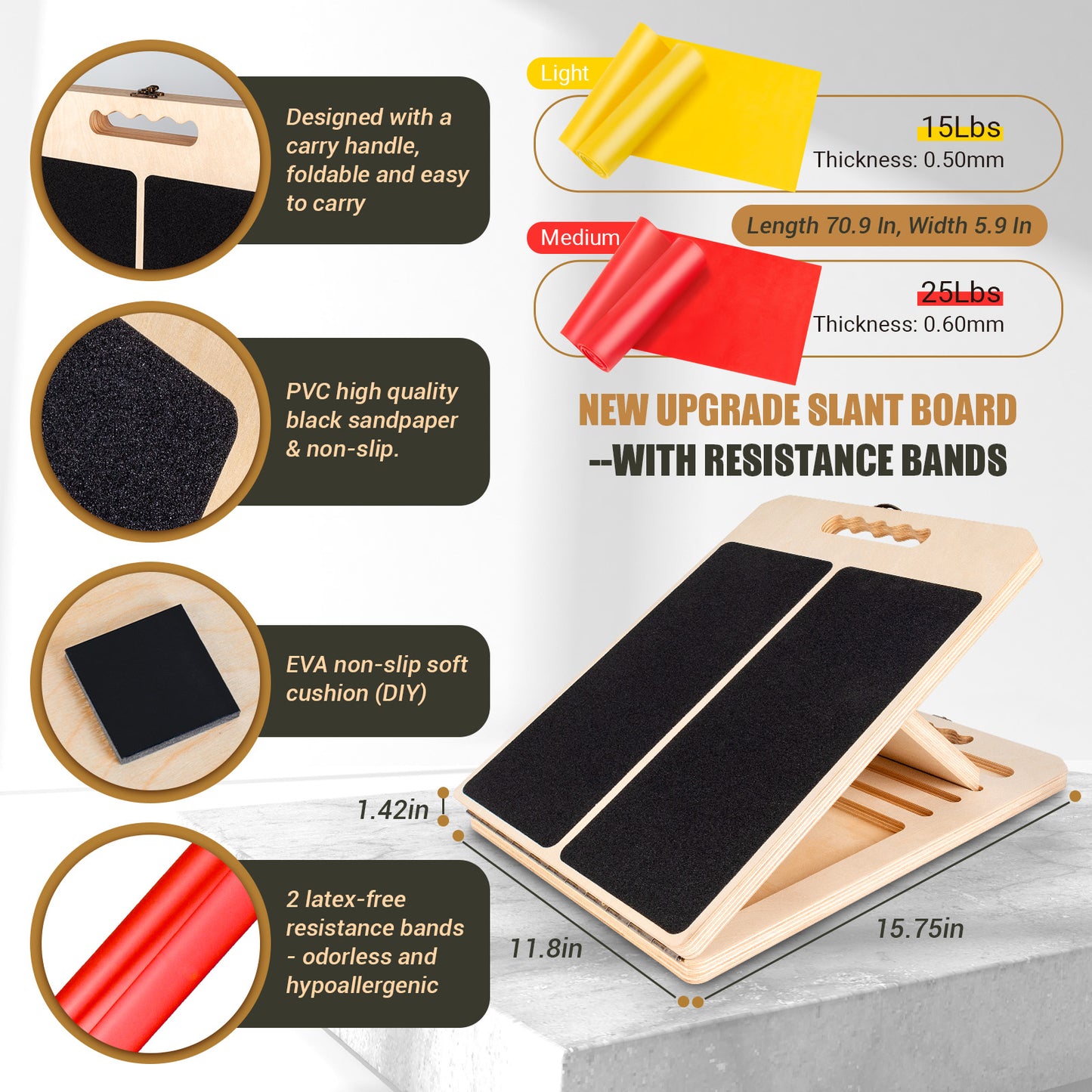 ODCPN Wooden Slant Board for Calf Stretching, Portable Adjustable Calf Stretch Board with Training Poster & Resistance Bands, 300lb Weight Capacity Calf Ankle Achilles Physical Therapy Leg Exercisers