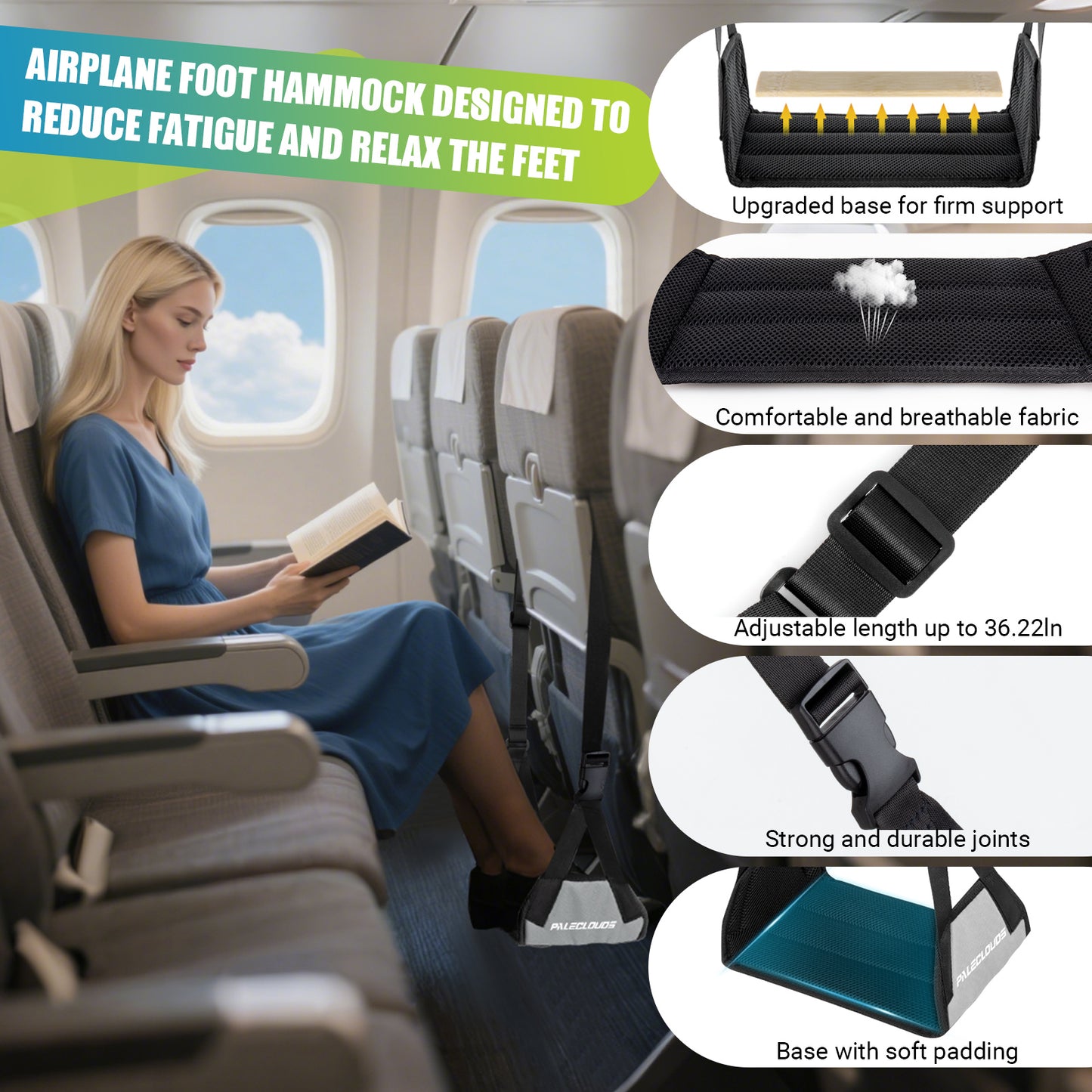 Paleclouds Foot Hammock for Plane Travel, No Collapse Thickened Bamboo Airplane Foot Rest for Long Flight, Desk Foot Hammock with Extended Adjustment Strap to Relax Your Feet, Foot Sling Travel Essentials