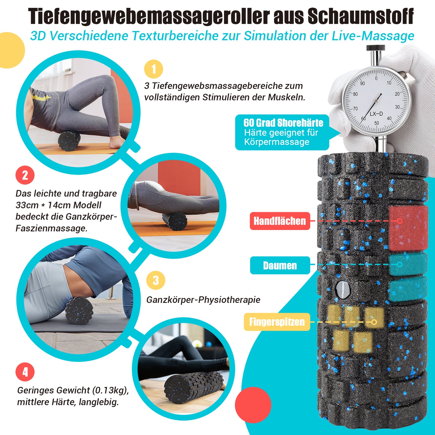 nooncrazy Faszienrolle mit 3D-Texturmassage, Foam Roller(33cm x 14cm) zur Muskelverspannungen lindern, mittlere Härte Selbstmassage Fazienrolle für rücken wirbelsäule Rücken Beine(Schwarz-blau)