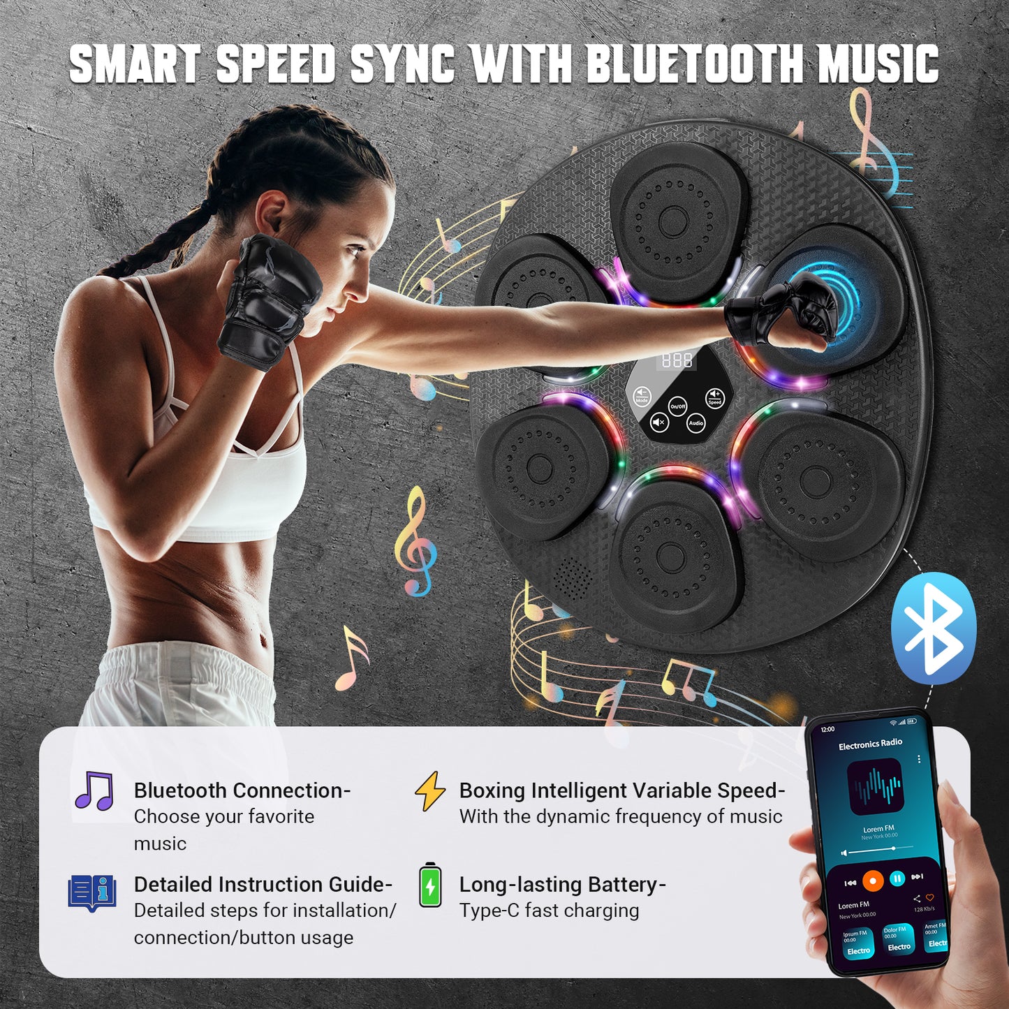 OPDEKEHA Music Boxing Machine for Adults & Kids, Bluetooth Smart Boxing Wall Machine with Gloves, 9 Modes, 6 Speeds & 3 Sensitivity, Electric Light Up Music Punching Machine for Home & Gym
