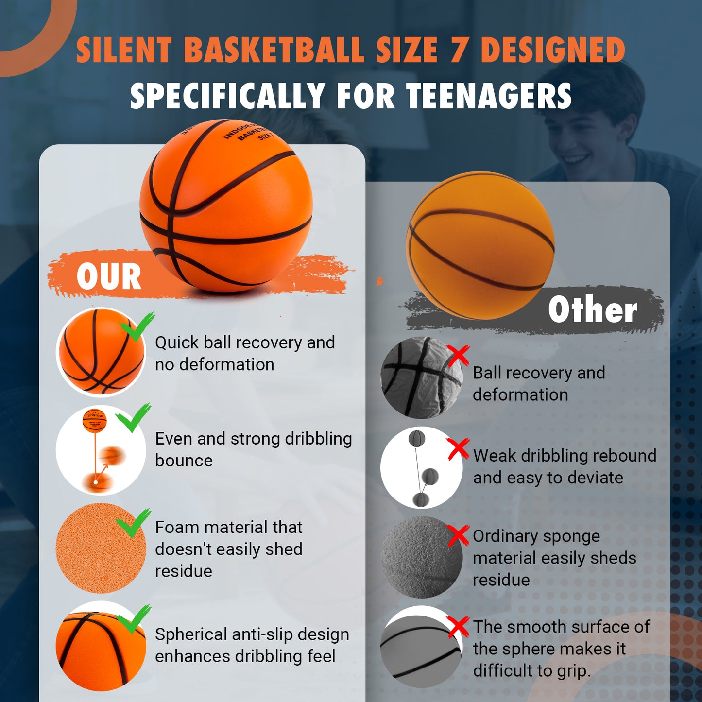 JHMFDDSB Silent Basketball Size 7 (29.5"), Indoor Quiet Foam Basketball Airless for Dribbling & Indoor Training, Soft Soundless Basketball for Restore Without Deformation, Real Feel Higher Bounce Quieter