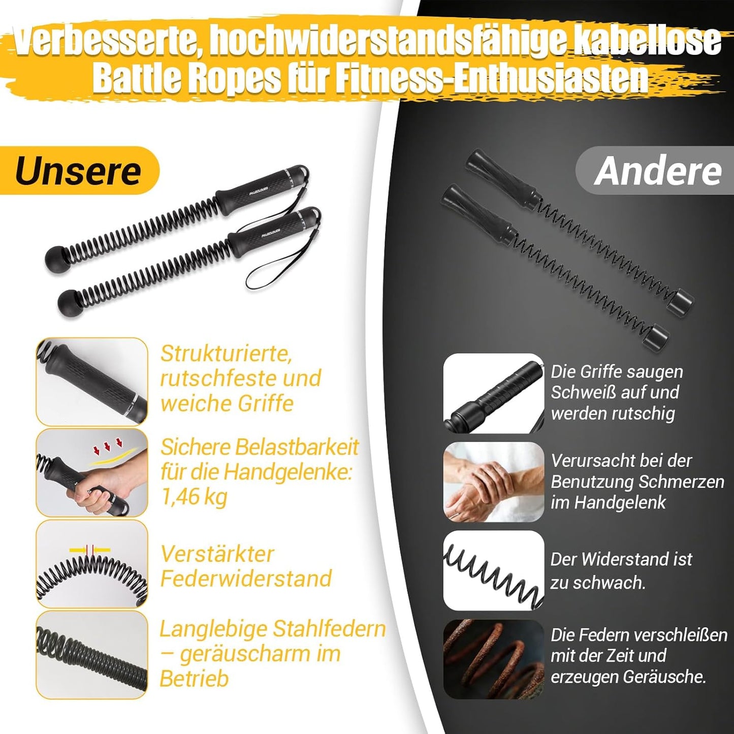 Paleclouds Ropeless Battle Ropes, Battle Rope Ohne Seil mit Tragetasche & Übungsanleitung, Gewichtete Trainingsseile für HIIT, Ganzkörpertraining, Kraft, Ausdauer, Fettverbrennung, Home Gym