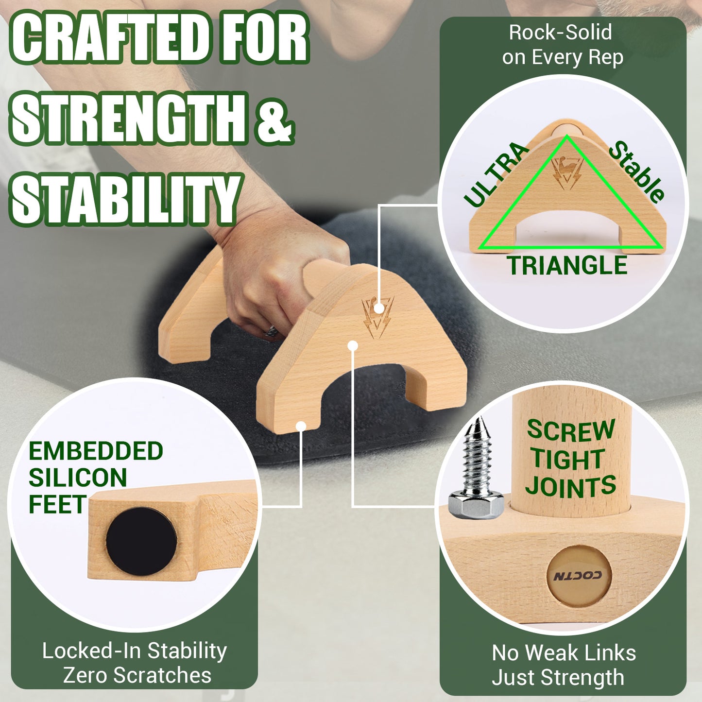 COCTN Wooden Push Up Bars, 2 PCS Solid Beech Wooden Parallettes with Embedded Non-slip Feet & Training Poster for Floor, Push Up Stands for Men Strength Training, Planks, Calisthenics & Home Gym Workout