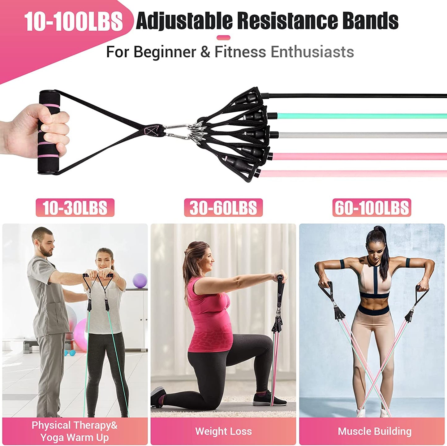 Resistance Bands with Handles for Women Men, 5 Level Exercise Bands Workout Bands for Physical Therapy, Yoga, Pilates, Door Anchor, Storage Pouch