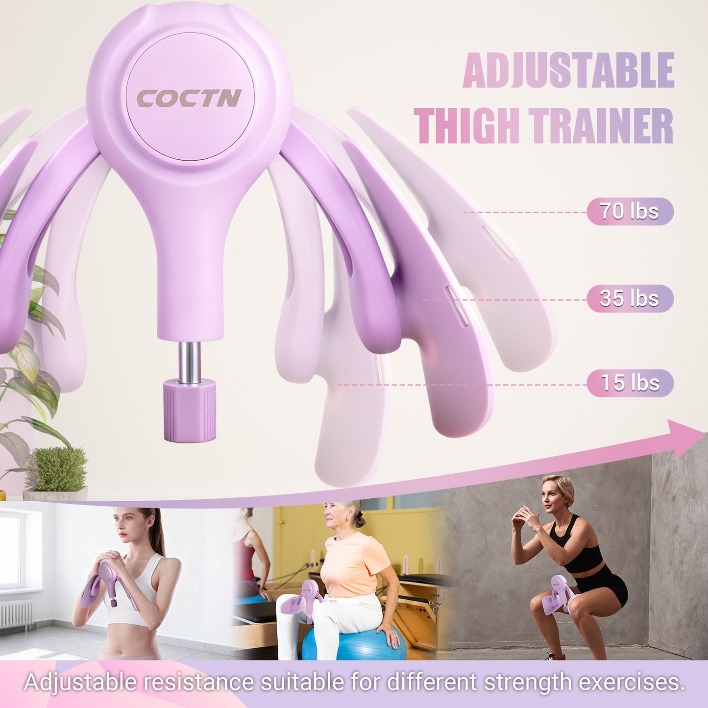 COCTN Thigh Trainer for Women, 15-70LB Adjustable Resistance Inner Thigh Exerciser for Pelvic Floor Muscle Repair, Thigh Workout Kegel Exercise Equipment for Shaping, Yoga & Weight Loss at Home Gym