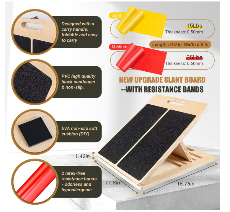 Wadendehner Schrägbrett aus Holz, 5 Winkeln Slant Stretch Board mit Trainingsposter und 2 Widerstandsbändern, Verstellbar Wadenstrecker mit Tragegriff, Mobility Balance Board, Schräges Brett (Black)