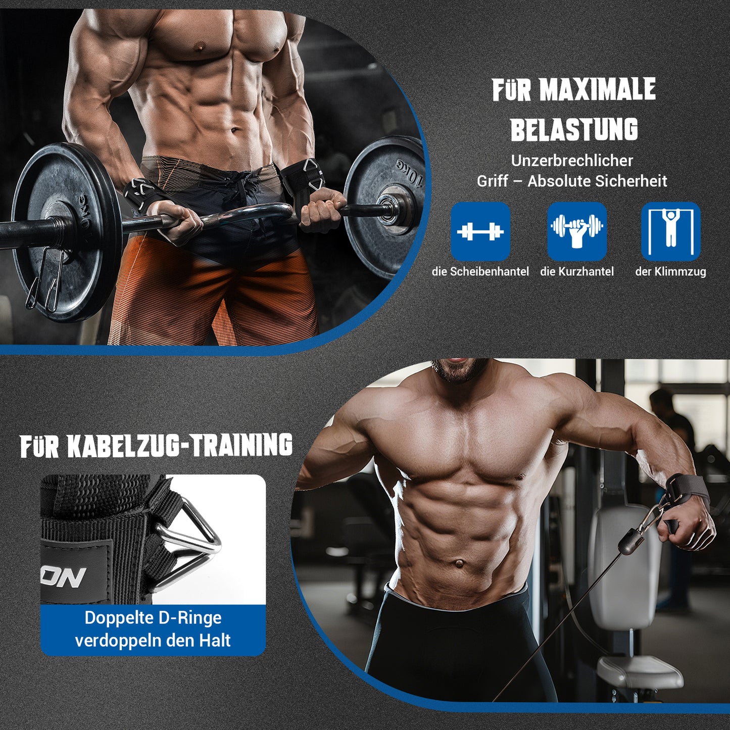 UOPON Zughilfen Krafttraining, 2-in-1 Lifting Straps mit Doppel-D-Ring, Anti-Rutsch Zughilfen für Bodybuilding, Kreuzheben, Kabelzugübungen und Fitness - Gym Zughilfen für Herren