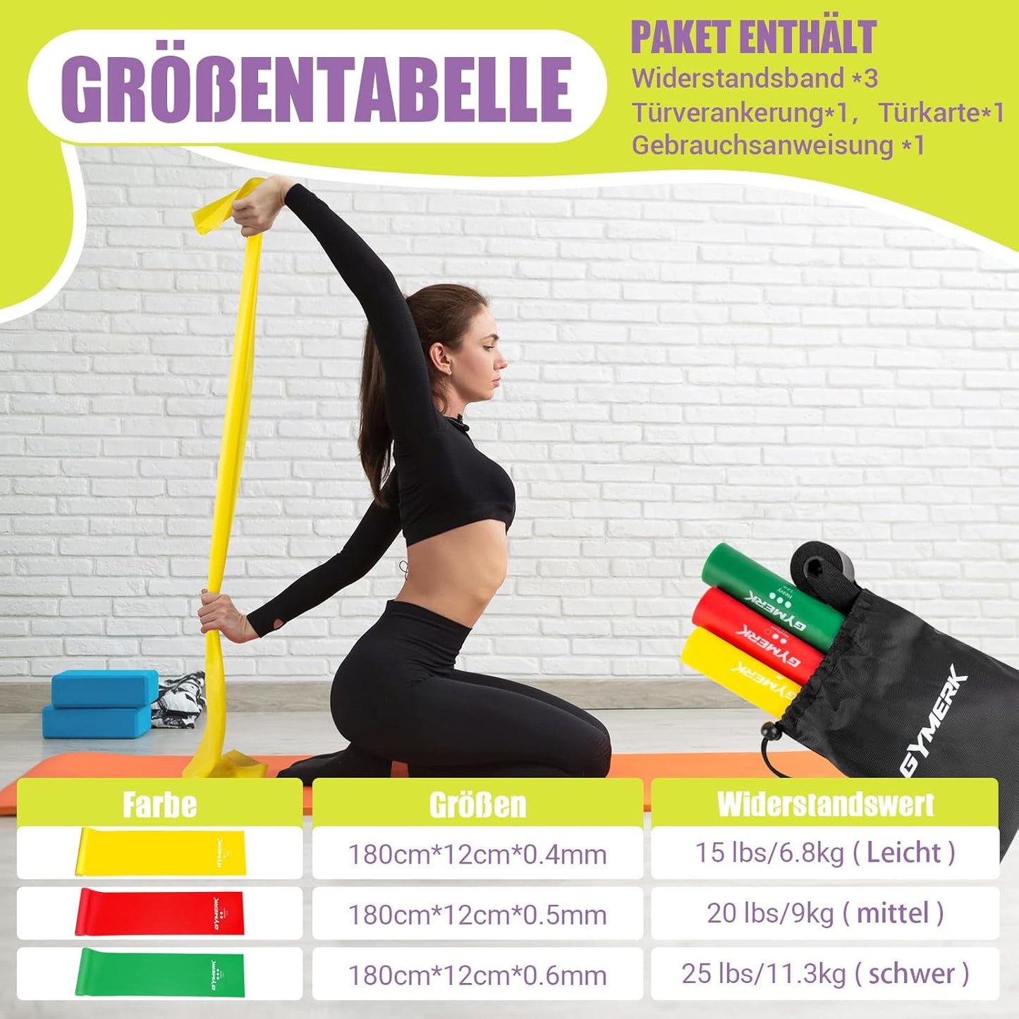 GYMERK Fitnessbänder 3er-Set, 1.8m Gymnastikband mit 3 Widerstandsstufen, Fitnessband mit Übungsanleitung, ideal für Yoga, Pilates, Krafttraining