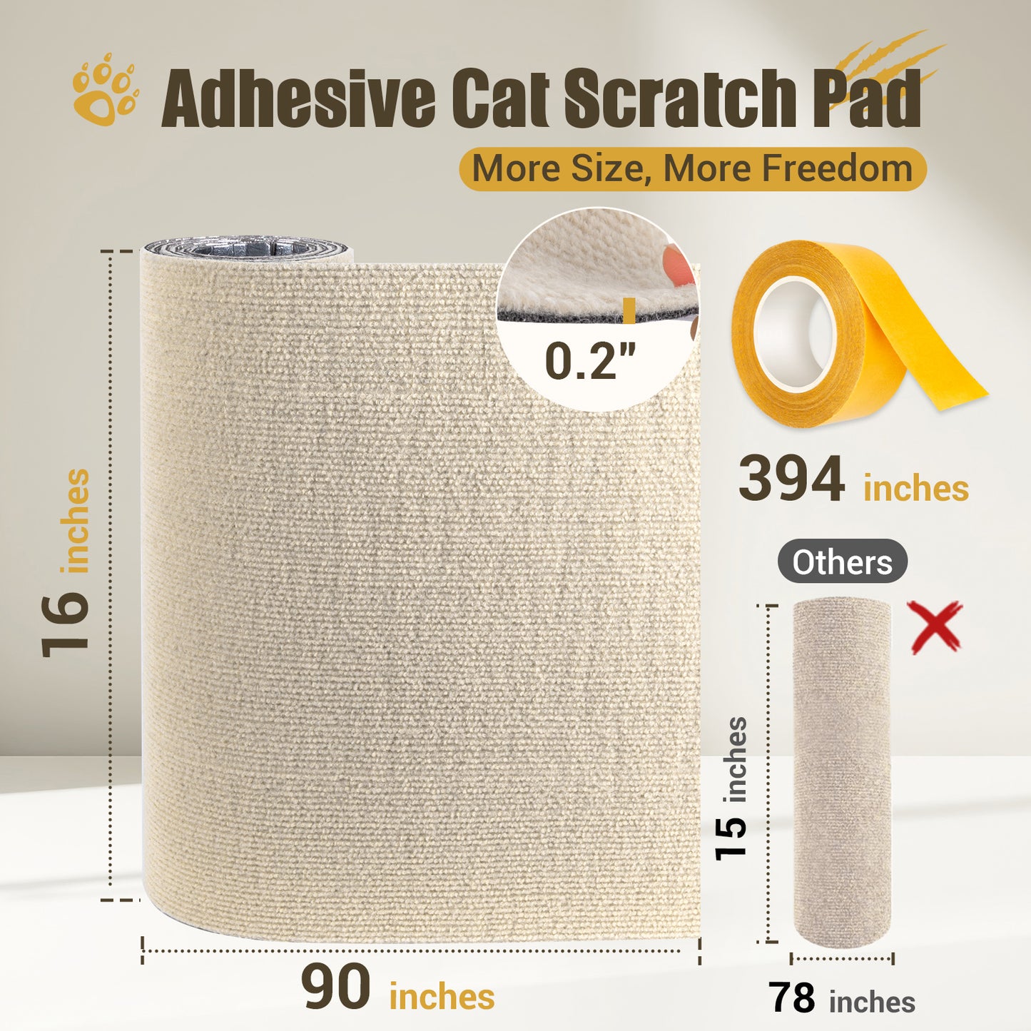 Cat Scratch Couch Furniture Protector, 90" x 16" Trimmable Anti-Scratch Couch Protector from Cat Claws with Double Self-Adhesive Carpet, Great for Sofa & Indoor Wooden Furniture (Off White)
