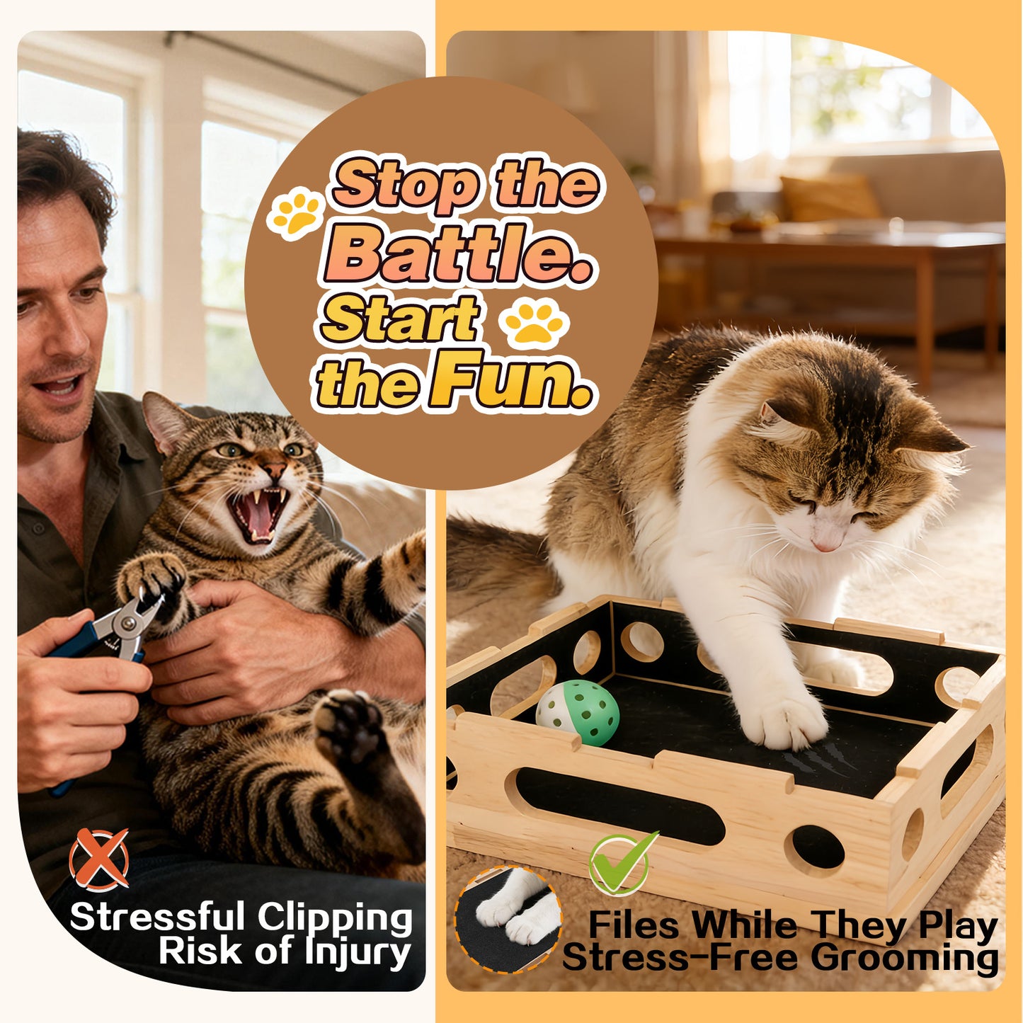 Cat Scratch Puzzle Enrichment Box, Large Solid Wood Cat Nail File Box for Indoor Cats, Interactive Cat Nail File Toy with Sandpaper — Stress-Free Claw Care Alternative (No Bell Ball)(Large)