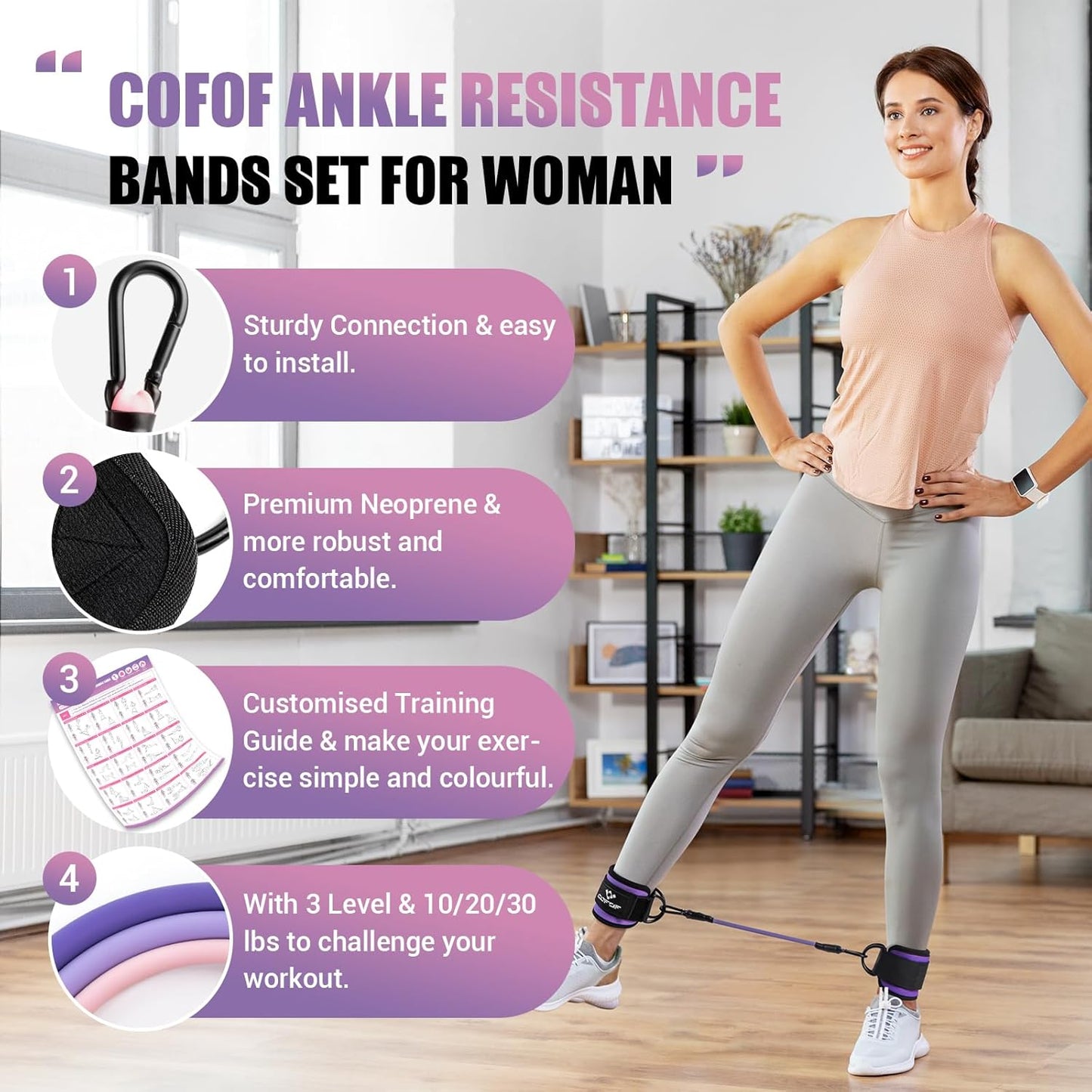 COFOF Ankle Resistance Bands with Cuffs, Ankle Bands for Working Out, Kickbacks Hip, Leg Glute Exercise Equipment with Training Poster, Resistance Workout Equipment for Women