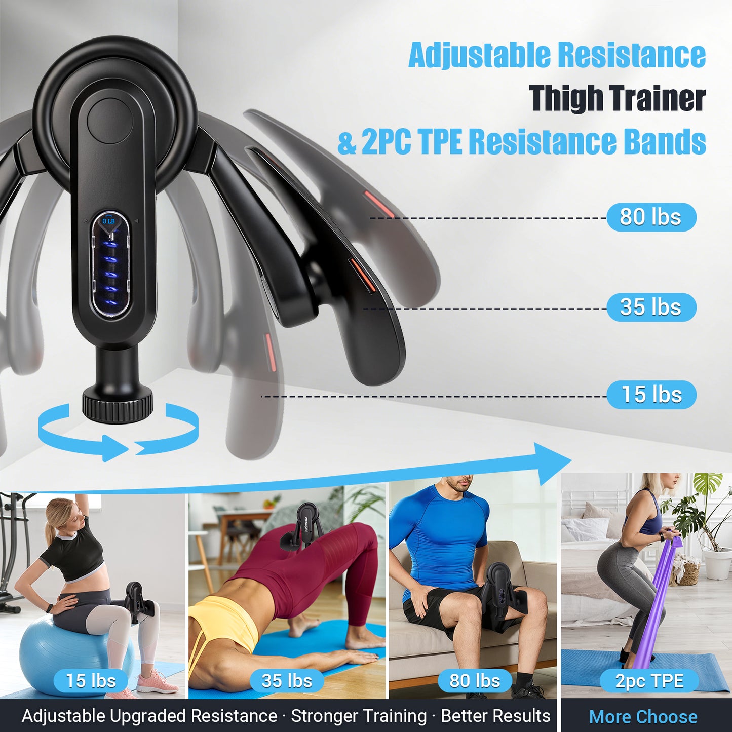 ODCPN Inner Thigh Exerciser for Women, 15-80 LB Adjustable Resistance Thigh Trainer with Resistance Band(2PC), Thigh Workout Kegel Equipment for Pelvic Floor Muscle, Shaping, Yoga & Home Fitness