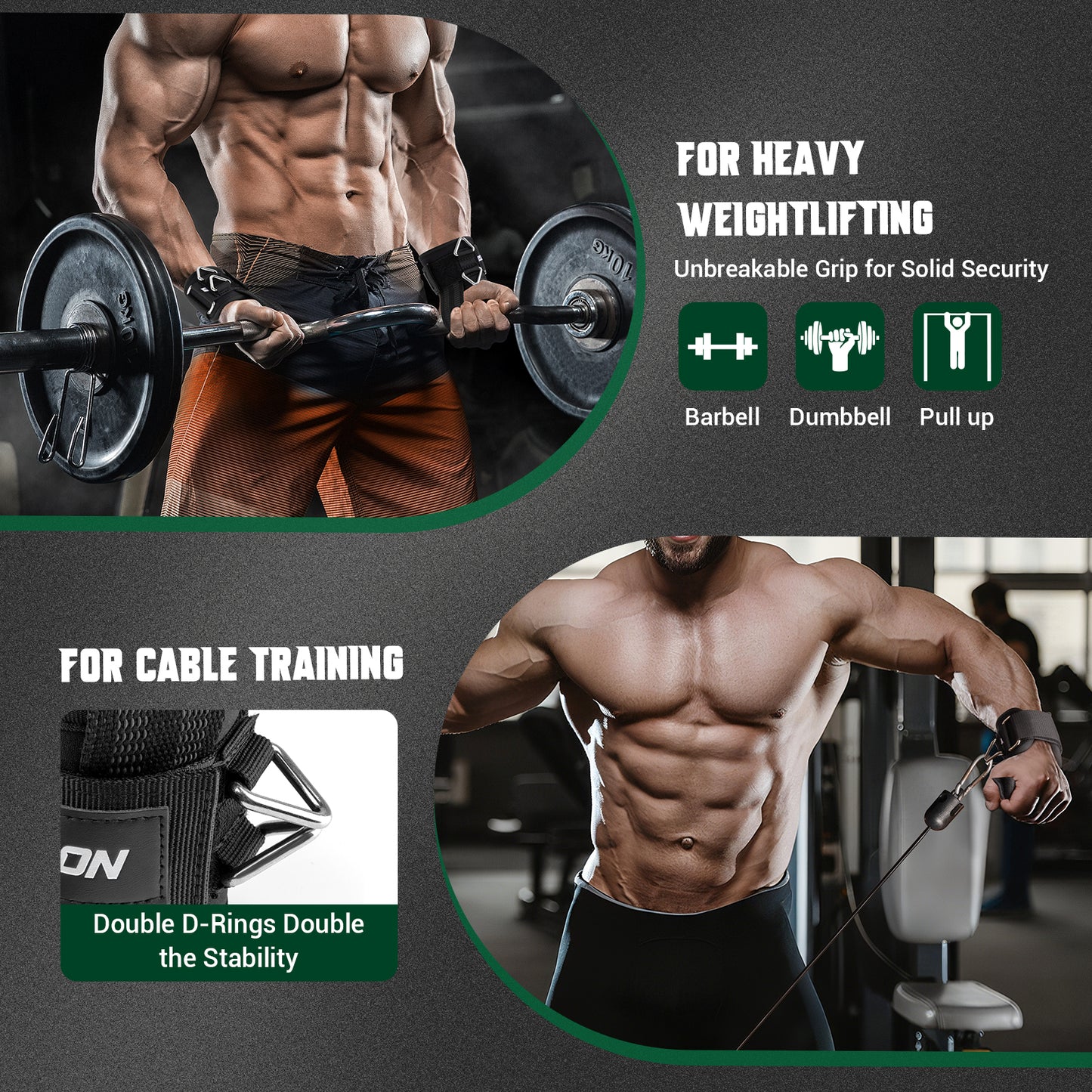 UOPON Weight Lifting Straps, 2-in-1 Anti-Slip Gym Straps with Comfortable Neoprene Padding, Gym Wrist Straps with Cuffed D Ring for Weightlifting, Pull-Ups & Cable Workouts, Men(Pair)