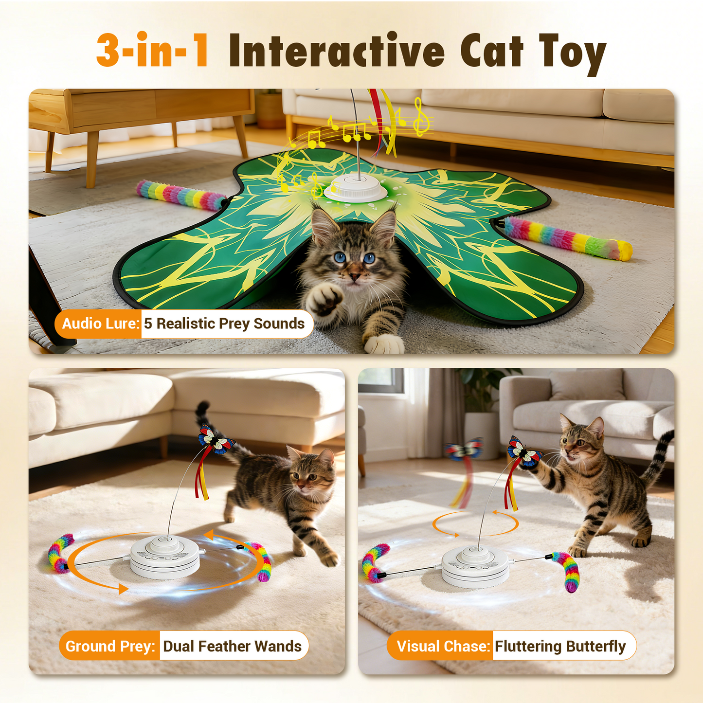 Hide  and Seek Cat Toy Mat, 3-in-1 Interactive Cat Toys for Indoor Cats with  Fluttering Butterfly & Moving Concealed Feathers, 3 Prey Sounds,  Rechargeable Auto Play Mat for Bored Adult Cats & Kittens