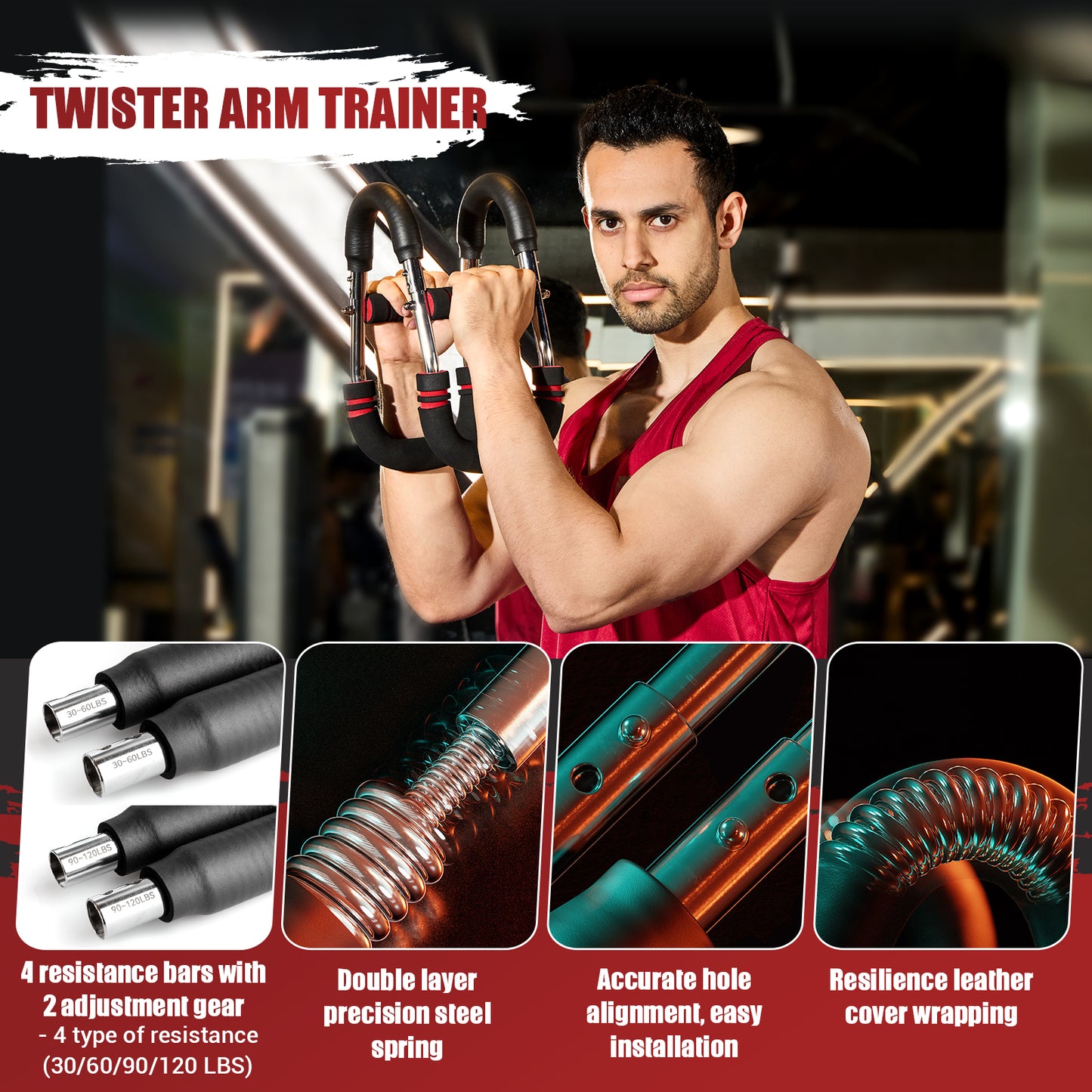 NOONCRAZY Twister Arm Trainer, 30-120 lbs Adjustable Twister Arm Chest Exerciser with 4 Spring & Poster for Men & Women, Detachable Power Twister Home Fitness Equipment for Enhancing Upper Body Muscle