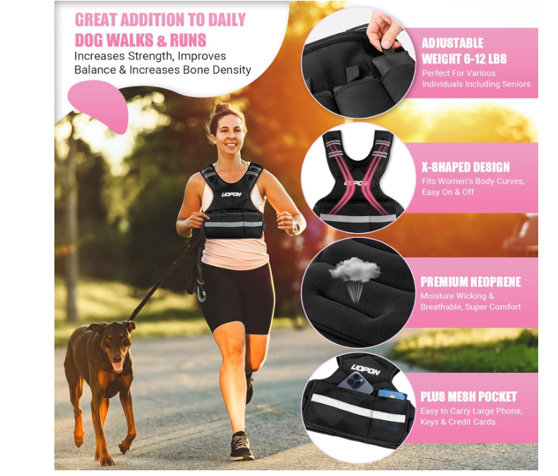 UOPON Adjustable Weighted Vest Women Men, 6-12 Lb/10-19 Lb/20-32 Lb Rucking Vest with 6 Ironsand Weights, Great Vest with Plus Pockets & Reflective Strips for Running, Walking, Workout and Strength Training