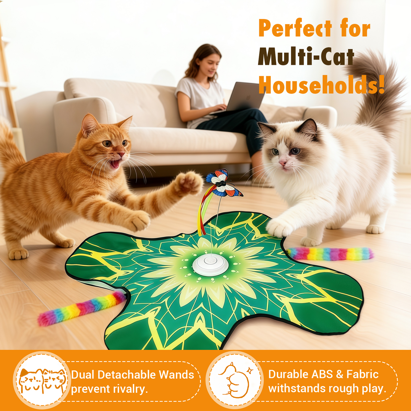 Hide  and Seek Cat Toy Mat, 3-in-1 Interactive Cat Toys for Indoor Cats with  Fluttering Butterfly & Moving Concealed Feathers, 3 Prey Sounds,  Rechargeable Auto Play Mat for Bored Adult Cats & Kittens