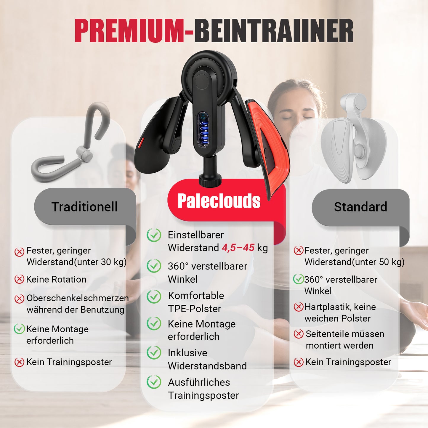 Paleclouds Oberschenkeltrainer, 10-100 lbs Beintrainer für Zuhause mit Widerstandsbändern & Trainingsposter, Multifunktionaler Beckenbodentrainer für Frauen & Männer, Adduktoren & Abduktoren Trainingsgerät