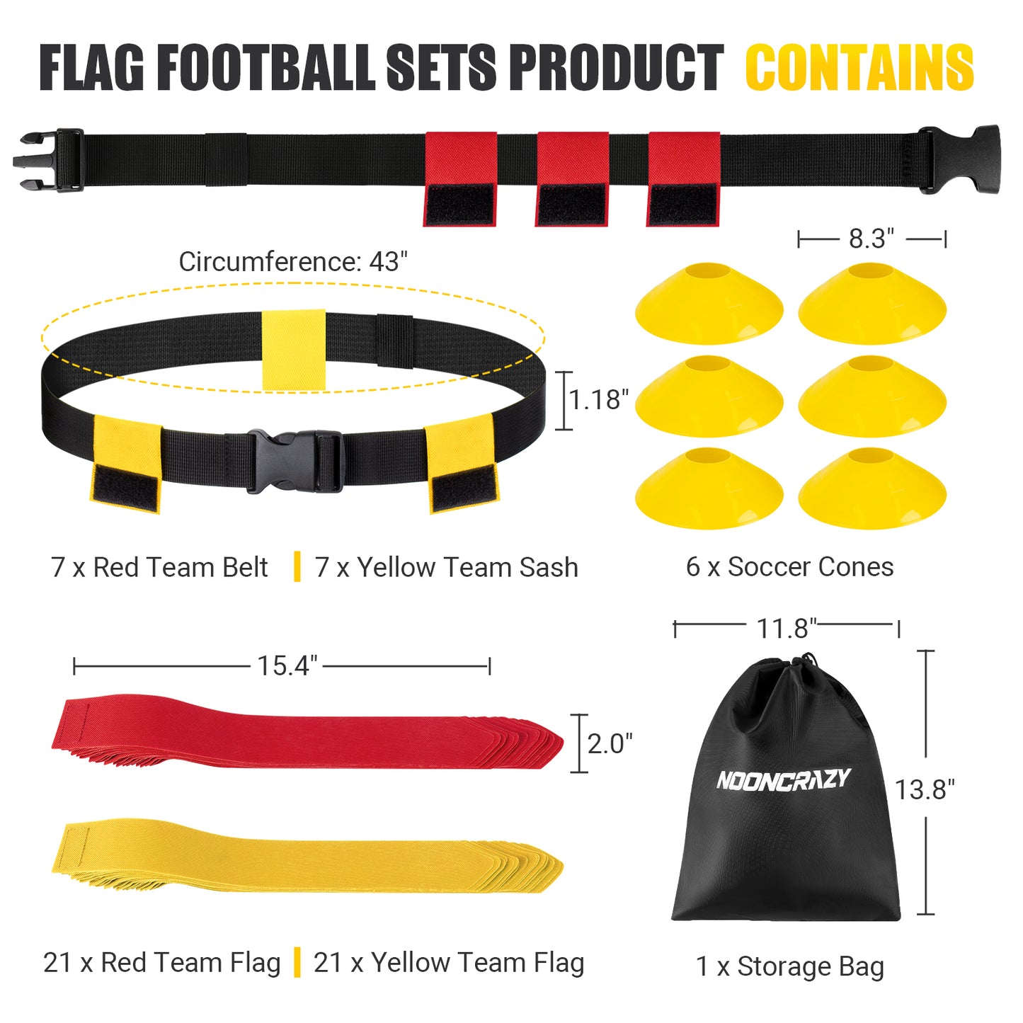 NOONCRAZY Flag Football Belts, 6/8/10/12/14 Player Flag Football Set for Kids, Youth & Adult, Adjustable Flag Football for Waist 22-43"