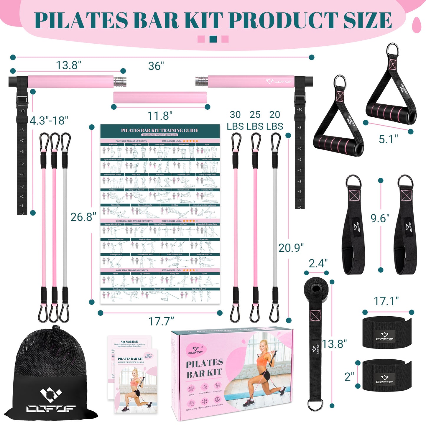 COFOF Pilates Bar Kit with Resistance Bands, Multifunctional Yoga Pilates Bar with Heavy-Duty Metal Adjustment Buckle, Portable Home Gym Pilates Resistance Bar Kit for Women Full Body Workouts