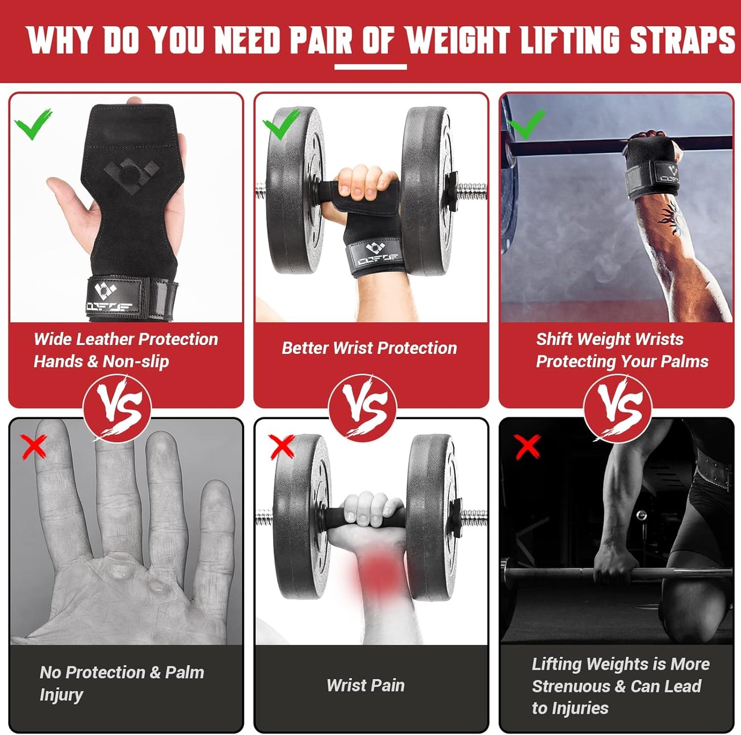 COFOF Weight Lifting Wrist Straps, Double Layer Leather Weight Lifting Hand Grips For Deadlift and Powerlifting,Adjustable Neoprene Padded Gym Workout Weightlifting Hooks for Men and Women(Pair)