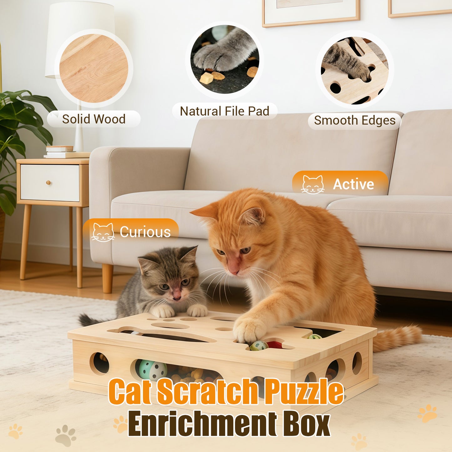 Cat Scratch Puzzle Enrichment Box, Large Solid Wood Cat Nail File Box for Indoor Cats, Interactive Cat Nail File Toy with Sandpaper — Stress-Free Claw Care Alternative (No Bell Ball)(Large)