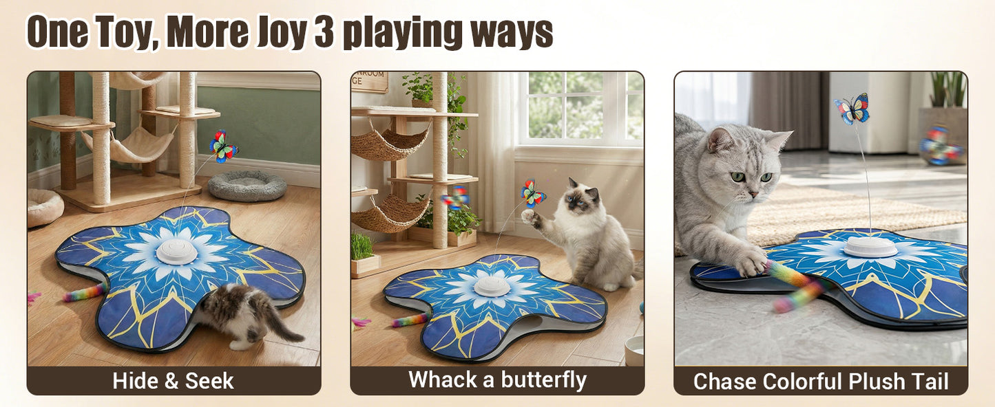 OPDEKEHA Interactive Cat Toy for Indoor Cats, Touch Activated Automatic Electronic Cat Toy with Sound On/Off, Dual Wands, Non-Slip Suction Cups, Rechargeable Hide and Seek Cat Play Mat for Bored Adult Kittens