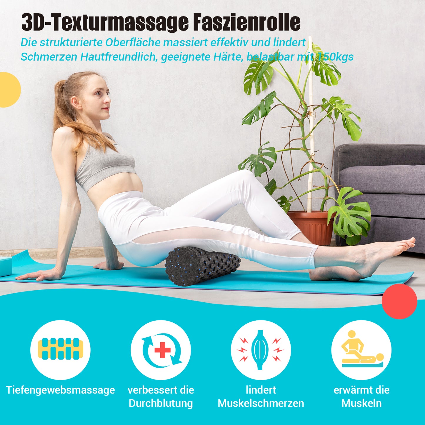 nooncrazy Faszienrolle mit 3D-Texturmassage, Foam Roller(33cm x 14cm) zur Muskelverspannungen lindern, mittlere Härte Selbstmassage Fazienrolle für rücken wirbelsäule Rücken Beine(Schwarz-blau)