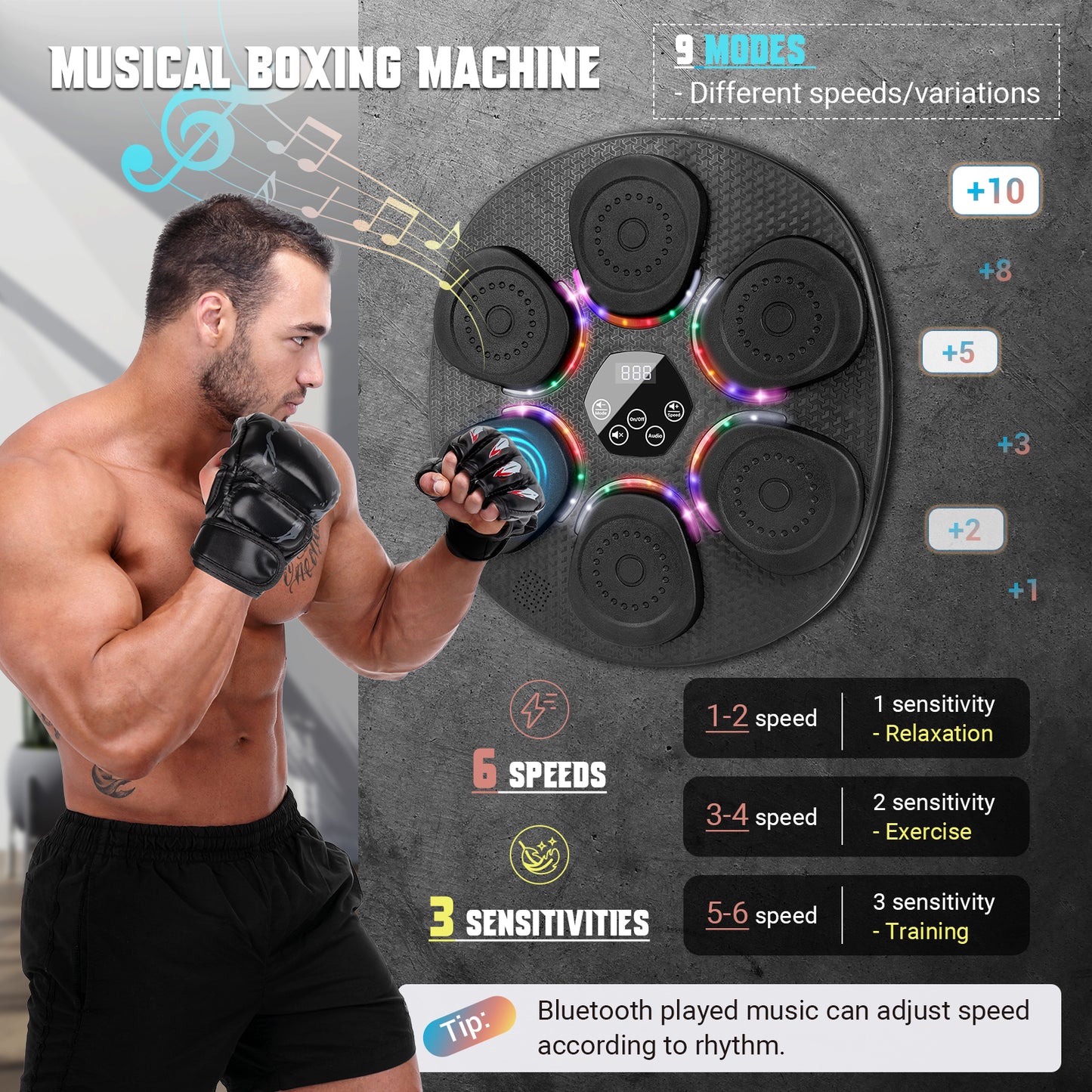 OPDEKEHA Music Boxing Machine for Adults & Kids, Bluetooth Smart Boxing Wall Machine with Gloves, 9 Modes, 6 Speeds & 3 Sensitivity, Electric Light Up Music Punching Machine for Home & Gym
