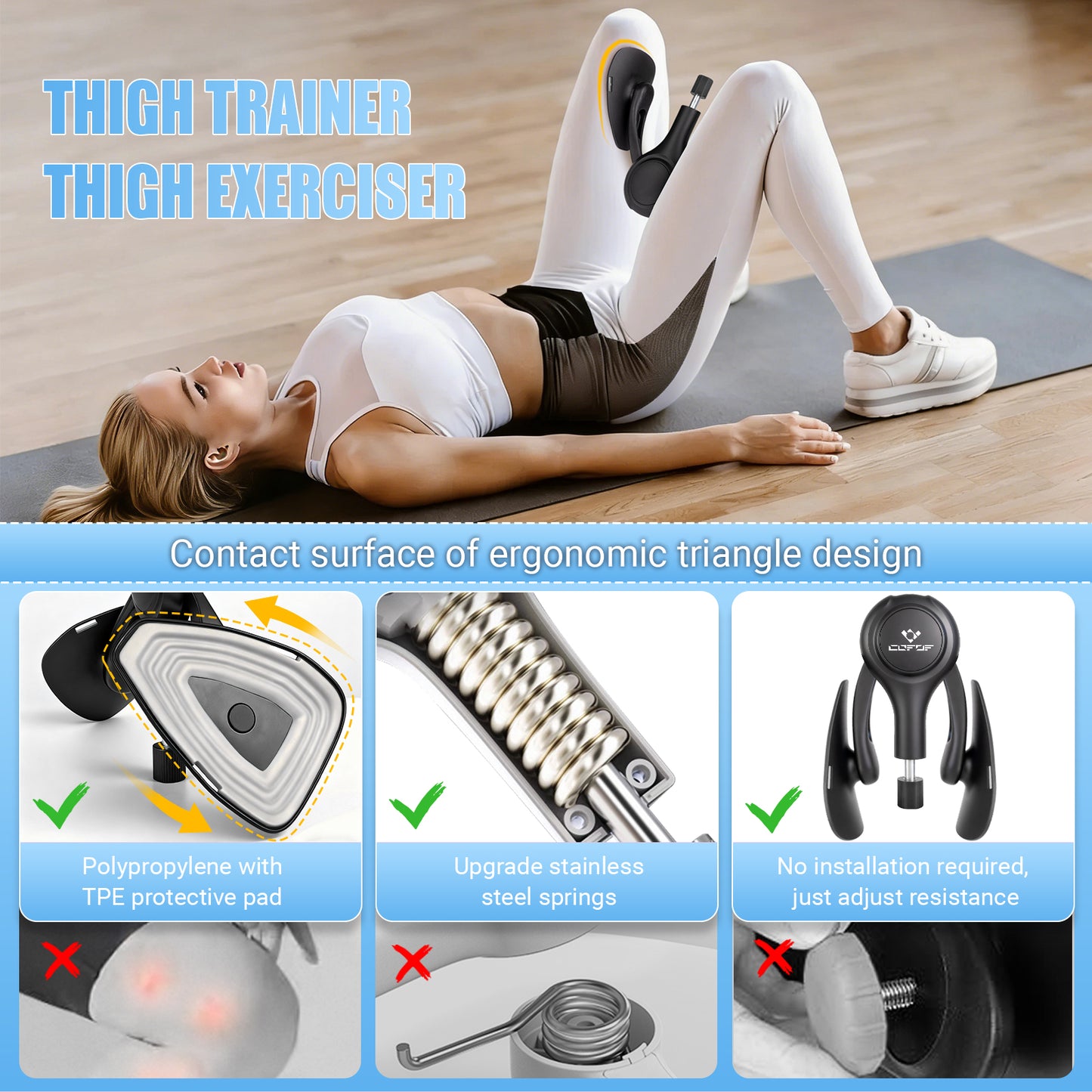 COFOF Thigh Trainer for Women, 15-70LB Adjustable Resistance Inner Thigh Exerciser for Pelvic Floor Muscle Repair, Thigh Trainer Kegel Exercise for Shaping, Yoga & Weight Loss at Home Gym