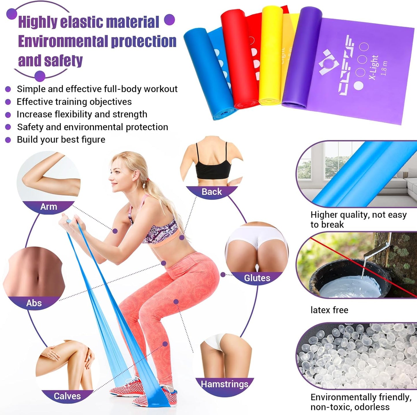 COFOF Resistance Bands, Exercise Band with 4 Resistance Levels,1.8m/5.9ft long Stretch Bands with Carry Bag & Exercise Guide, Straps for Yoga, Pilates,Strength Training