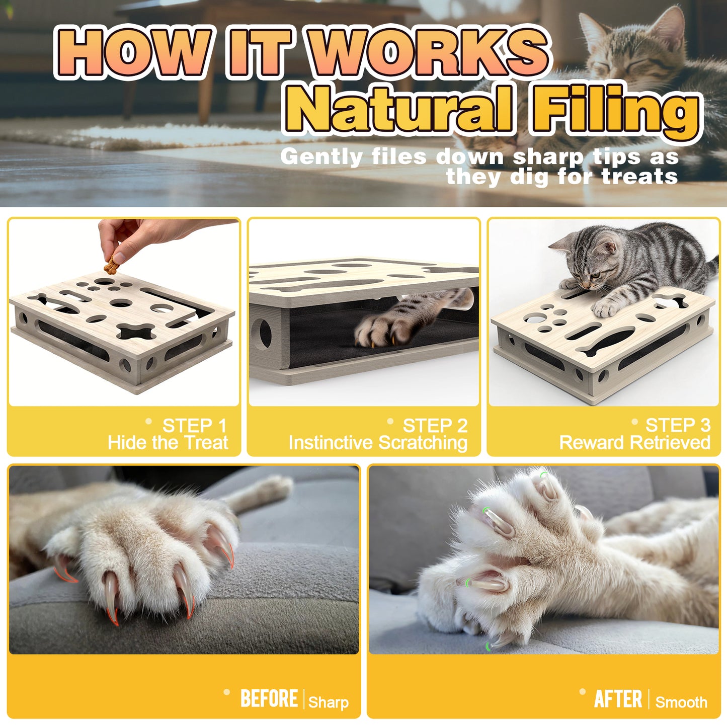 MB MBEAU Cat Scratch Puzzle Enrichment Box, Interactive Cat Nail File Box with Sandpaper Liner for Cat Claw Care, Cat Scratch Puzzle Box - Stress Free Alternative to Clippers & Grinders for Indoor Cats