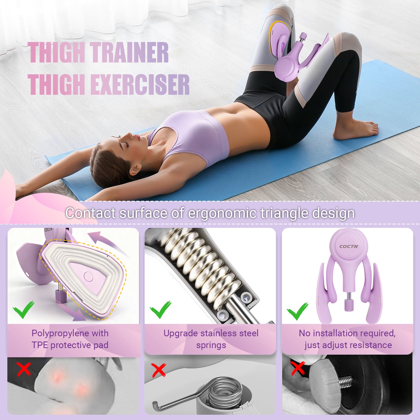 COCTN Thigh Trainer for Women, 15-70LB Adjustable Resistance Inner Thigh Exerciser for Pelvic Floor Muscle Repair, Thigh Workout Kegel Exercise Equipment for Shaping, Yoga & Weight Loss at Home Gym