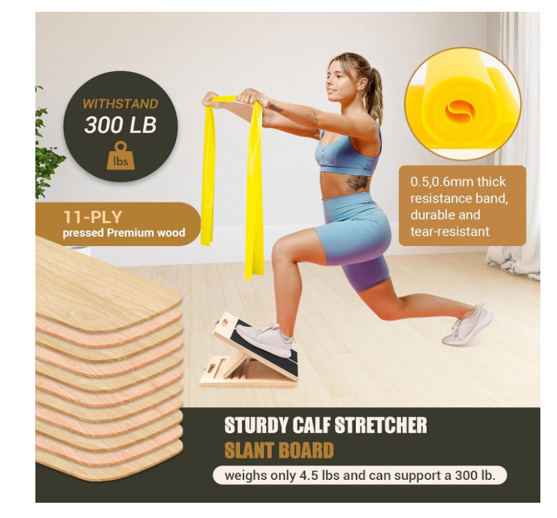 Slant Board, Adjustable Portable Wooden Stretch Mobility Board for Calf Stretcher with Training Poster & 2 TPE Bands, 300lb Weight Capacity Calf Stretch Wedge (Black)