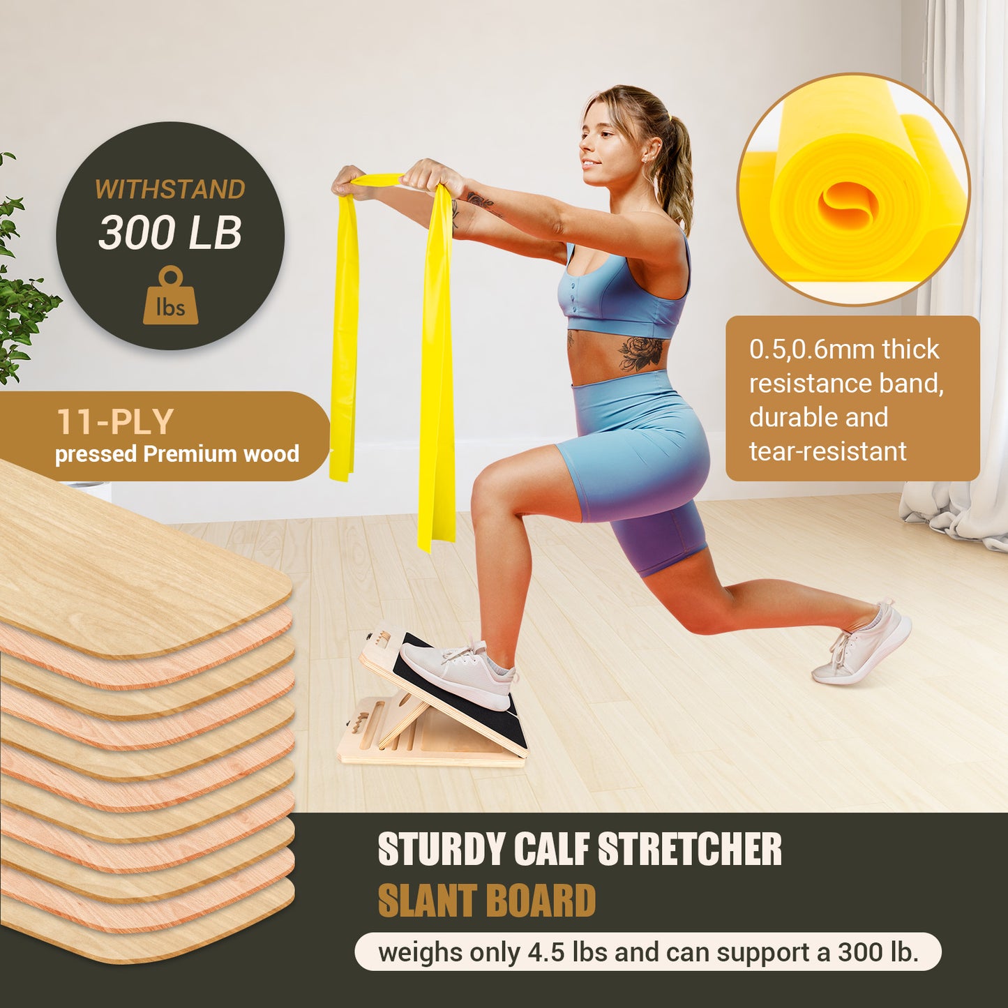 ODCPN Wooden Slant Board for Calf Stretching, Portable Adjustable Calf Stretch Board with Training Poster & Resistance Bands, 300lb Weight Capacity Calf Ankle Achilles Physical Therapy Leg Exercisers