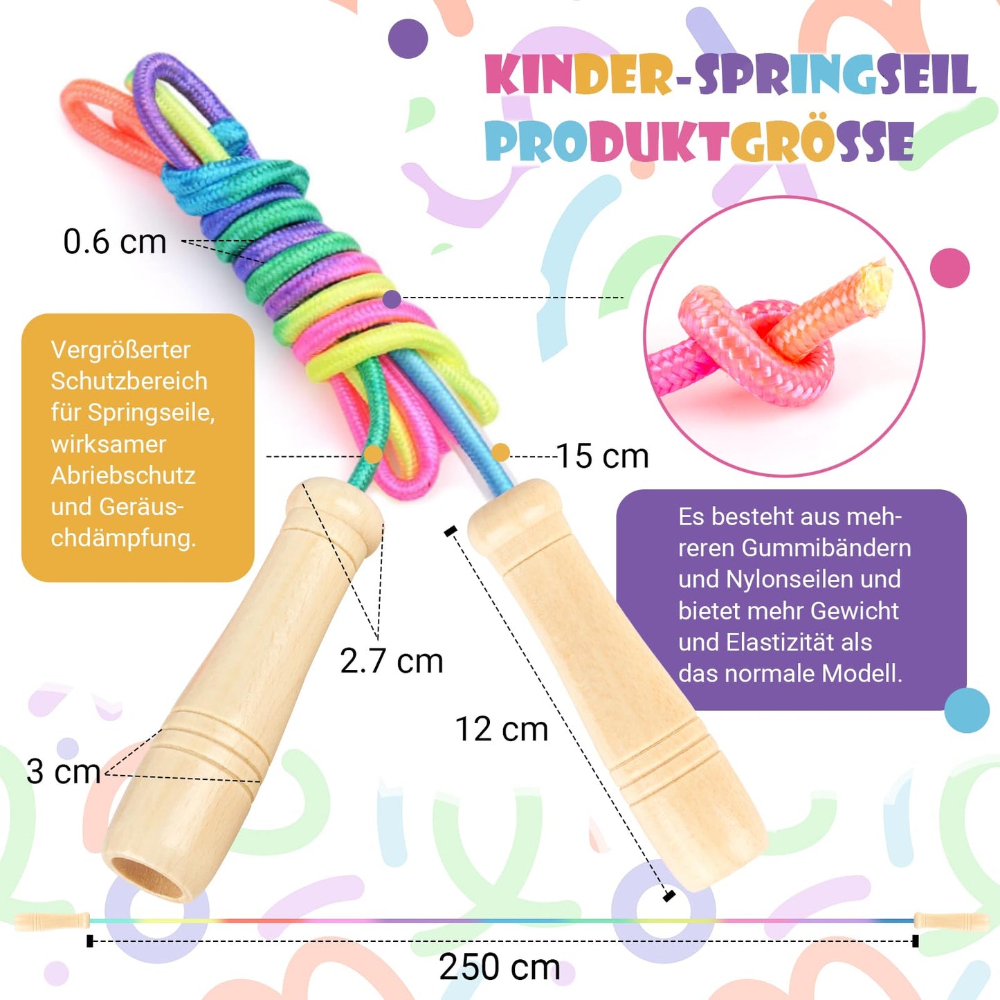 Paleclouds Springseil Kinder, Verstellbare Seilspringen für Fitness, 250CM Jump Rope Kinder mit Holzgriff und Regenbogen-Springseil, Skipping Rope Kids für Jungen und Mädchen 4 5 6 7 8 9 10 jahre