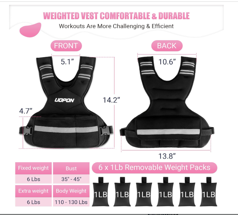 UOPON Adjustable Weighted Vest Women Men, 6-12 Lb/10-19 Lb/20-32 Lb Rucking Vest with 6 Ironsand Weights, Great Vest with Plus Pockets & Reflective Strips for Running, Walking, Workout and Strength Training
