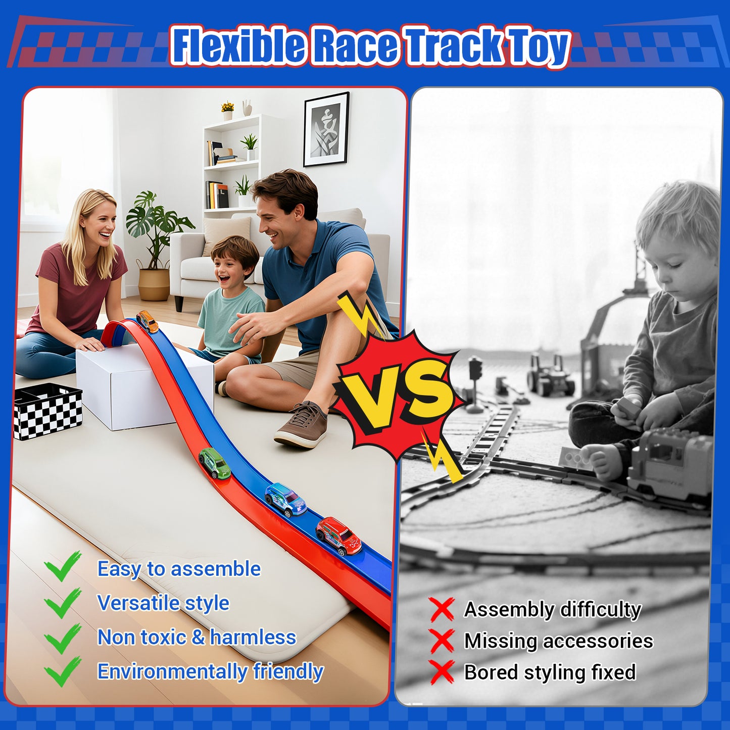 OPDEKEHA Flexible Race Track for Kids, 16.4FT Flexible Race Track with 2 Strong Screw Suction Cup & 4 Pull-Back Toy Cars, Portable DIY Flexible Racing Track Compatible with Diecast 1/64th Cars