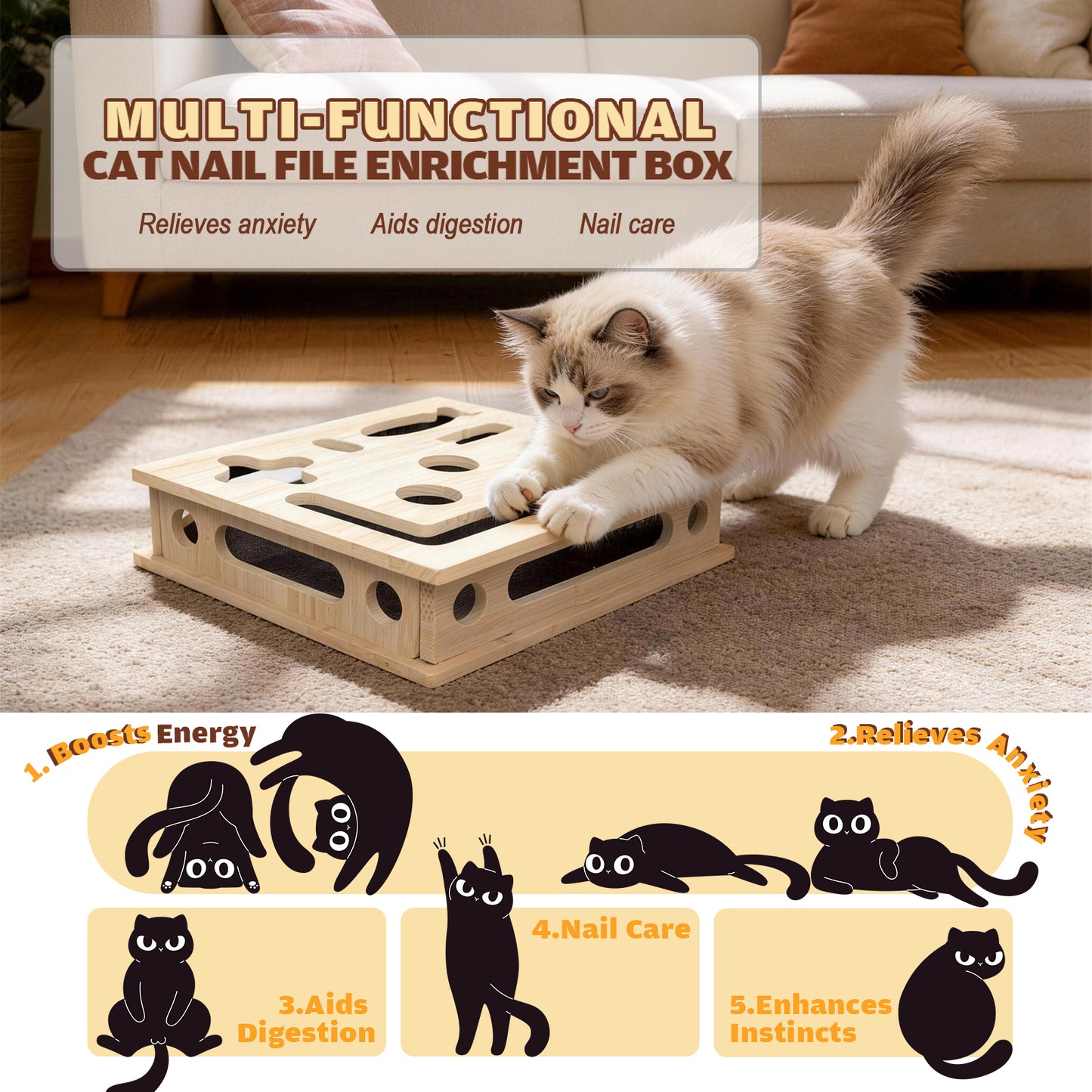 YangKu Cat Scratch Puzzle Enrichment Box, Large Solid Wood Construction Cat Nail File Enrichment Box with Sandpaper Inside, Cat Nail File Box Stress Free Alternative to Clippers and Grinders(No Bell Ball)