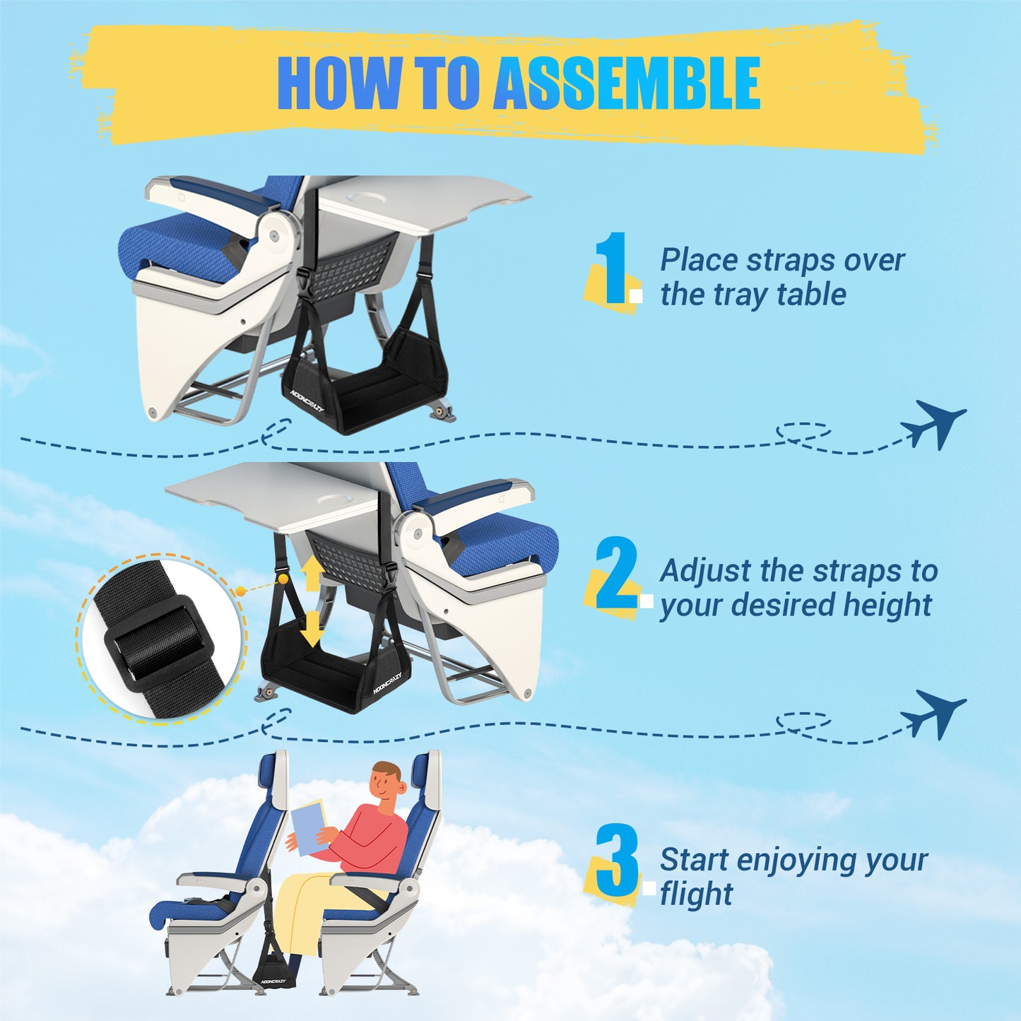 NOONCRAZY Airplane Foot Hammock, No Collapse Foot Rest for Plane Travel with Extended Adjustment Strap, Portable Desk Foot Hammock with Thickened Foam, Foot Sling Travel Essentials to Relax Your Feet