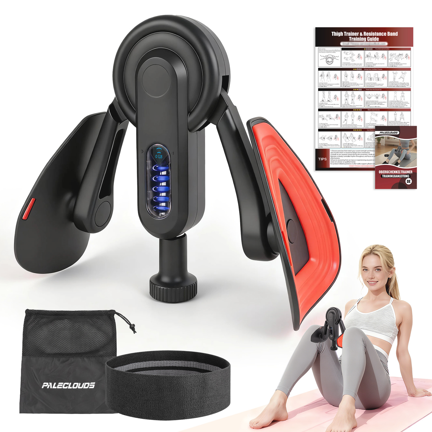 Paleclouds Oberschenkeltrainer, 10-100 lbs Beintrainer für Zuhause mit Widerstandsbändern & Trainingsposter, Multifunktionaler Beckenbodentrainer für Frauen & Männer, Adduktoren & Abduktoren Trainingsgerät