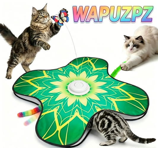 WAPUZPZ Rechargeable Interactive Cat Play Mat, Automatic Touch Cat Toy with Dual Wands & Suction Cups