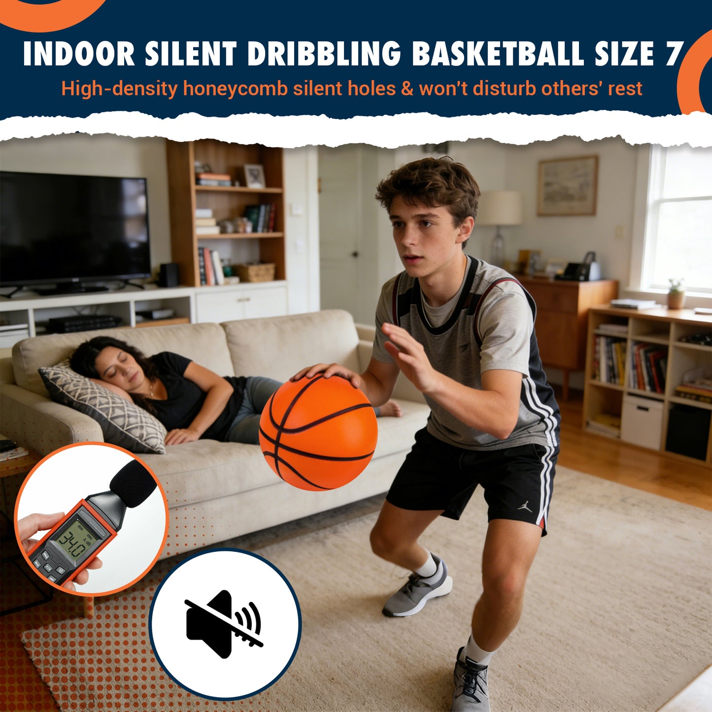 JHMFDDSB Silent Basketball Size 7 (29.5"), Indoor Quiet Foam Basketball Airless for Dribbling & Indoor Training, Soft Soundless Basketball for Restore Without Deformation, Real Feel Higher Bounce Quieter