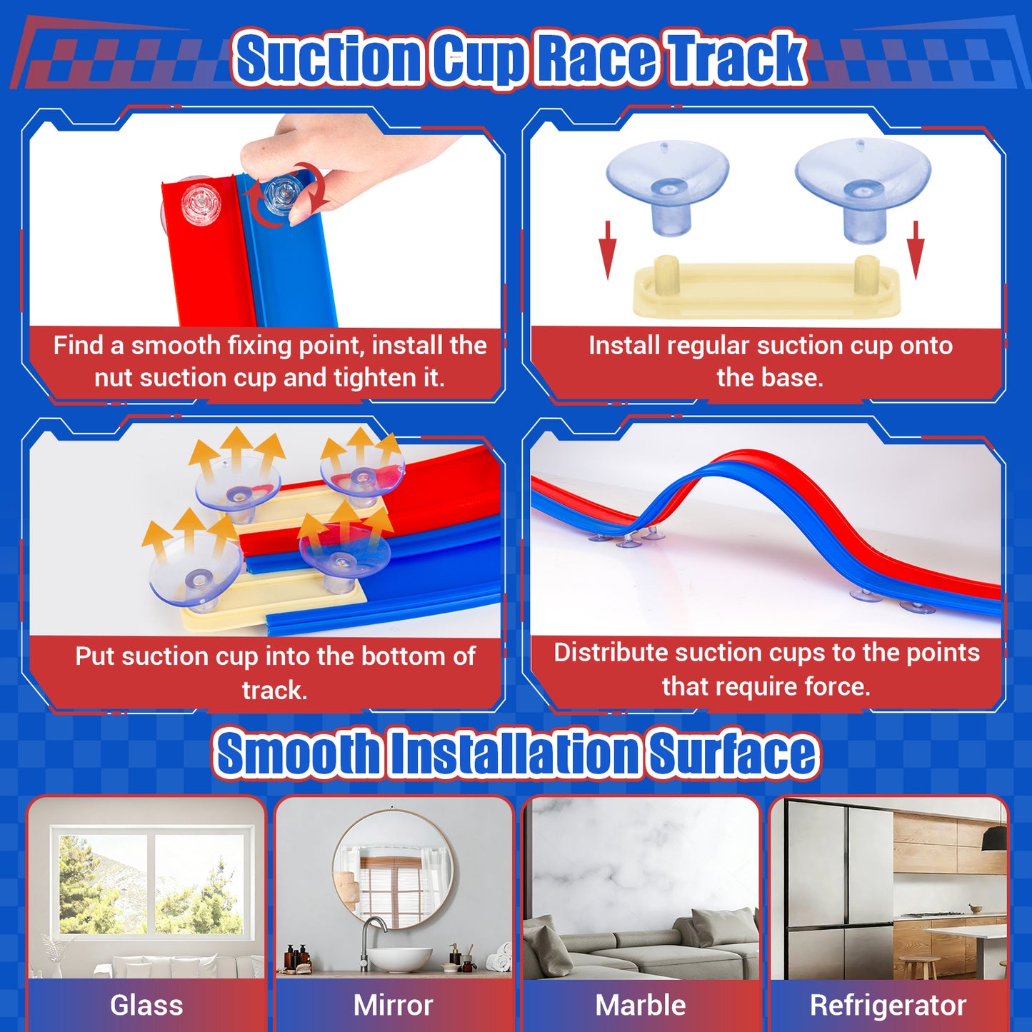 OPDEKEHA Flexible Race Track for Kids, 16.4FT Flexible Race Track with 2 Strong Screw Suction Cup & 4 Pull-Back Toy Cars, Portable DIY Flexible Racing Track Compatible with Diecast 1/64th Cars