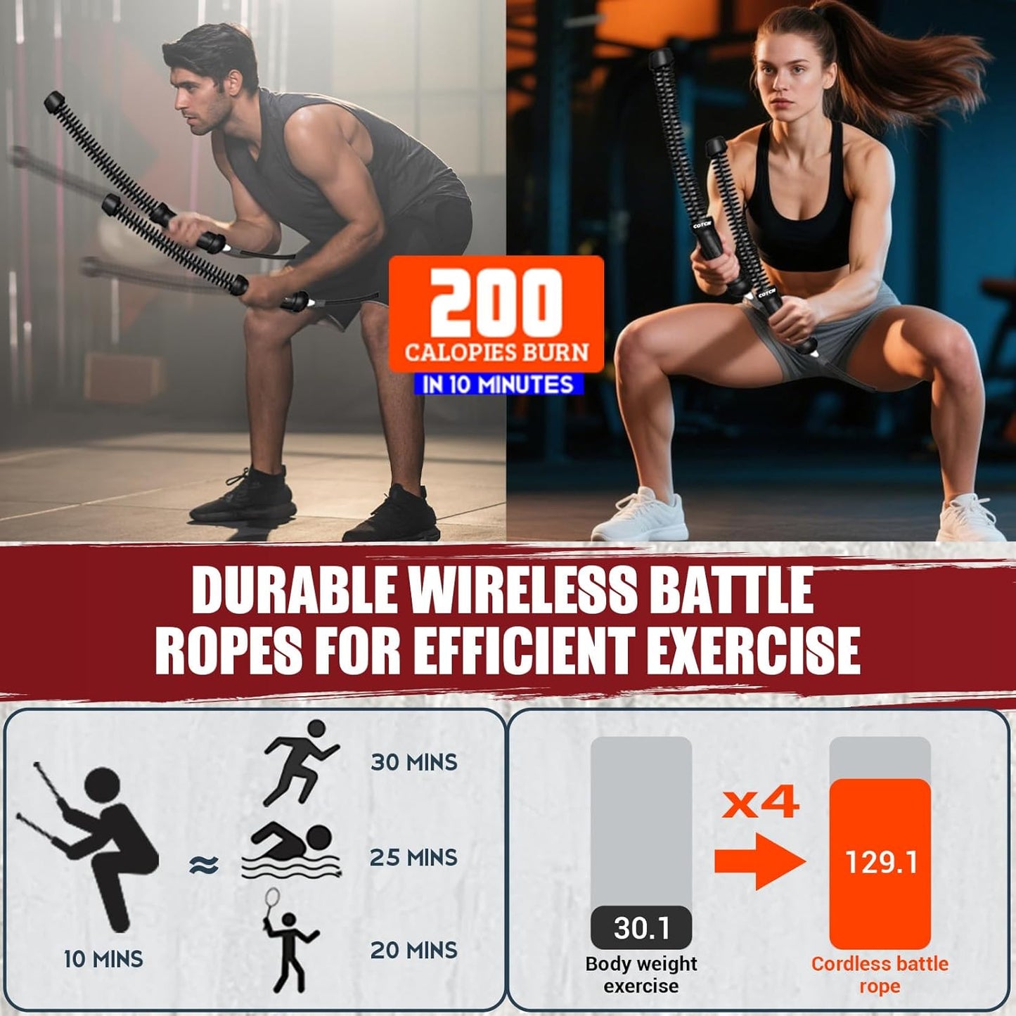 Weighted Ropeless Battle Ropes, Heavy Duty Portable Cordless Battle Ropes for Home Gym with Poster, Workout Exercise Rope for Strength Building, HIIT and Low-Impact Aerobic Training for Men & Women
