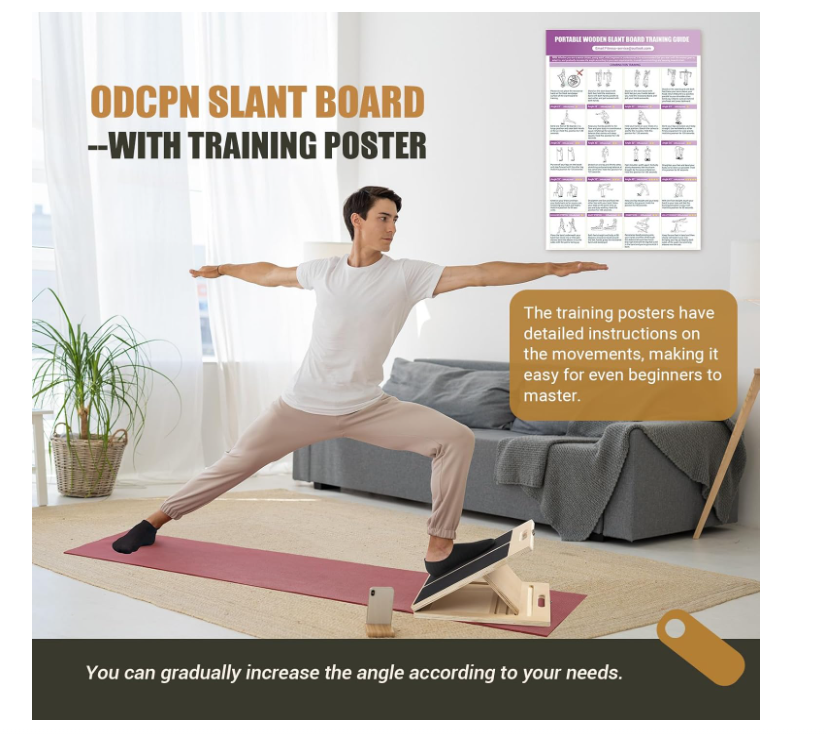 Wadendehner Schrägbrett aus Holz, 5 Winkeln Slant Stretch Board mit Trainingsposter und 2 Widerstandsbändern, Verstellbar Wadenstrecker mit Tragegriff, Mobility Balance Board, Schräges Brett (Black)