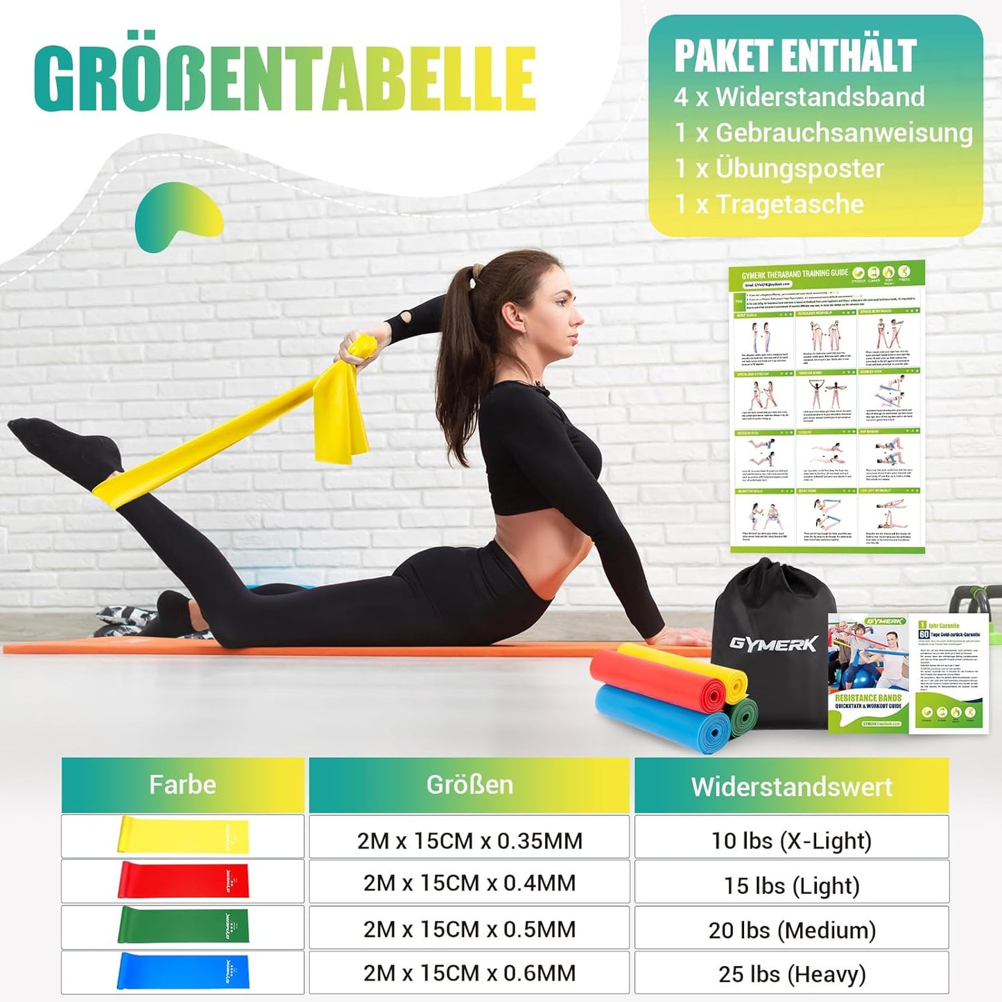 GYMERK Fitnessbänder Set 4er, 1.8M/2M Fitnessband, 4 Widerstandsstufen mit Übungsposter, Gymnastikband mit Tragetasche & Übungsanleitung, Ideal für Yoga, Pilates, Muskelaufbau