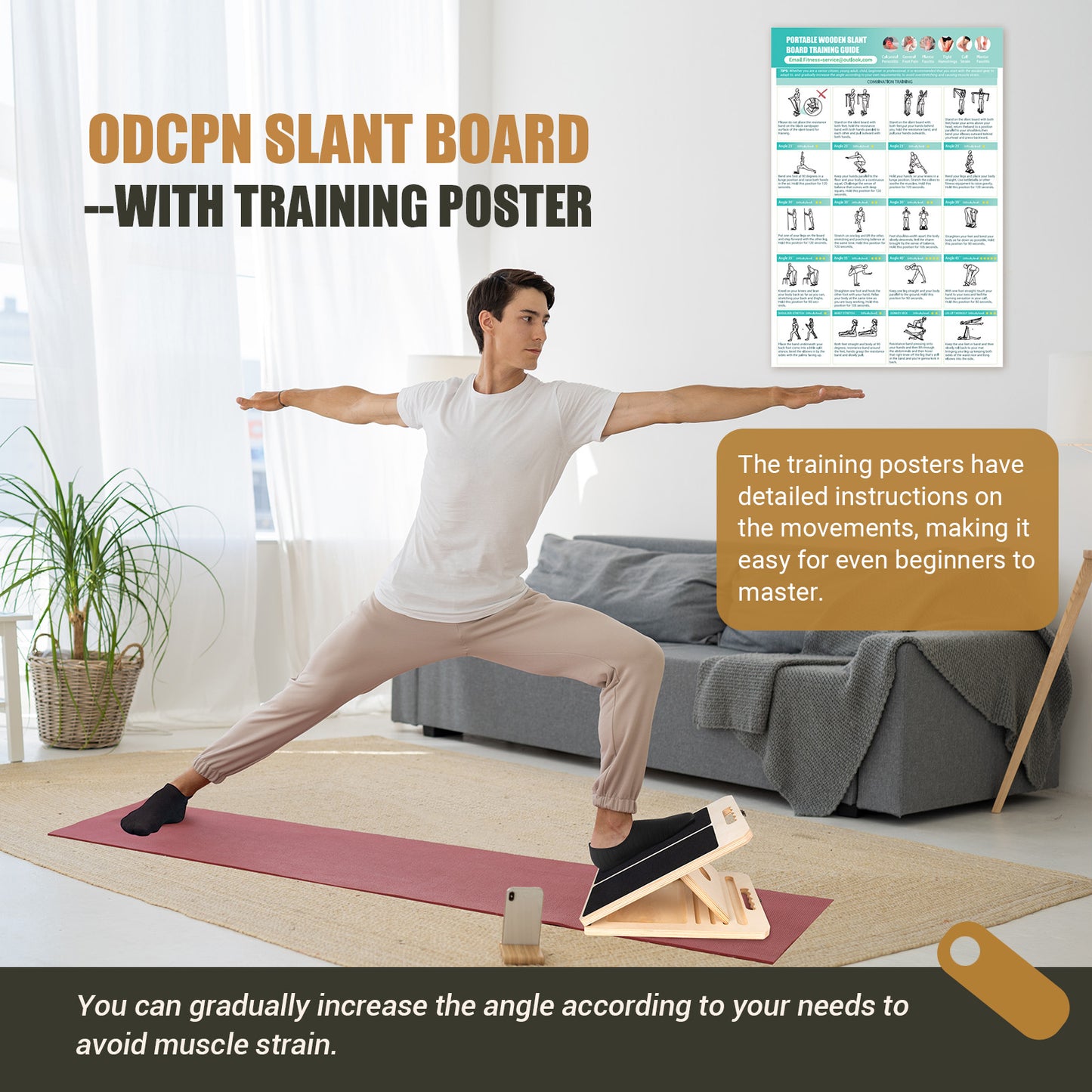 ODCPN Wooden Slant Board for Calf Stretching, Portable Adjustable Calf Stretch Board with Training Poster & Resistance Bands, 300lb Weight Capacity Calf Ankle Achilles Physical Therapy Leg Exercisers